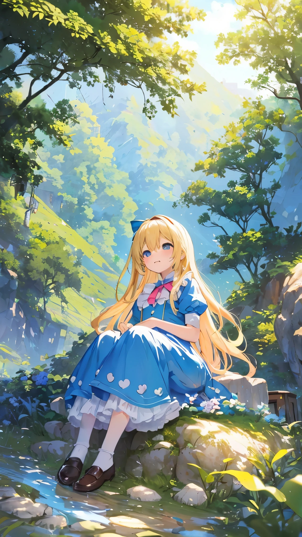 High resolution, (An illustration: 1.3), anime、((highest quality)), (Super detailed), (beautiful), ((peaceful countryside scenery、sitting on a stone bench and sunbathing:1.3)), alone,(8-year-old:1.4)、cute face、(alice in wonderland costume:1.4),white and transparent skin、(blue ribbon on head:1.3)、Shiny pale colorful blonde long hair,overjoyed face、(low position、from below:1.3)