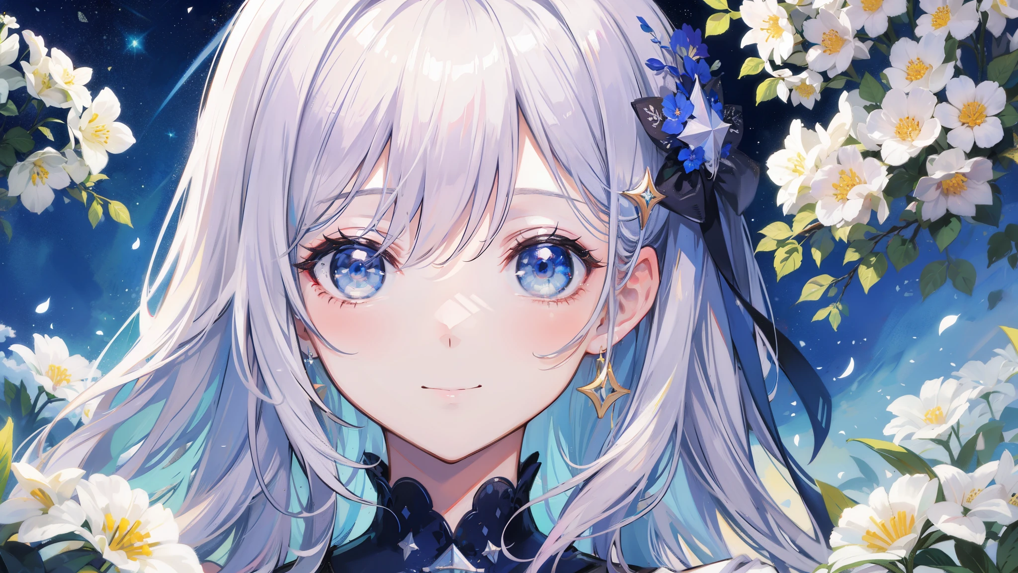 32k, highest quality, expensive_solve, clear_image, detailed background, girl, flower, garden, starry sky, Beautiful modeling, smile, close up of face,