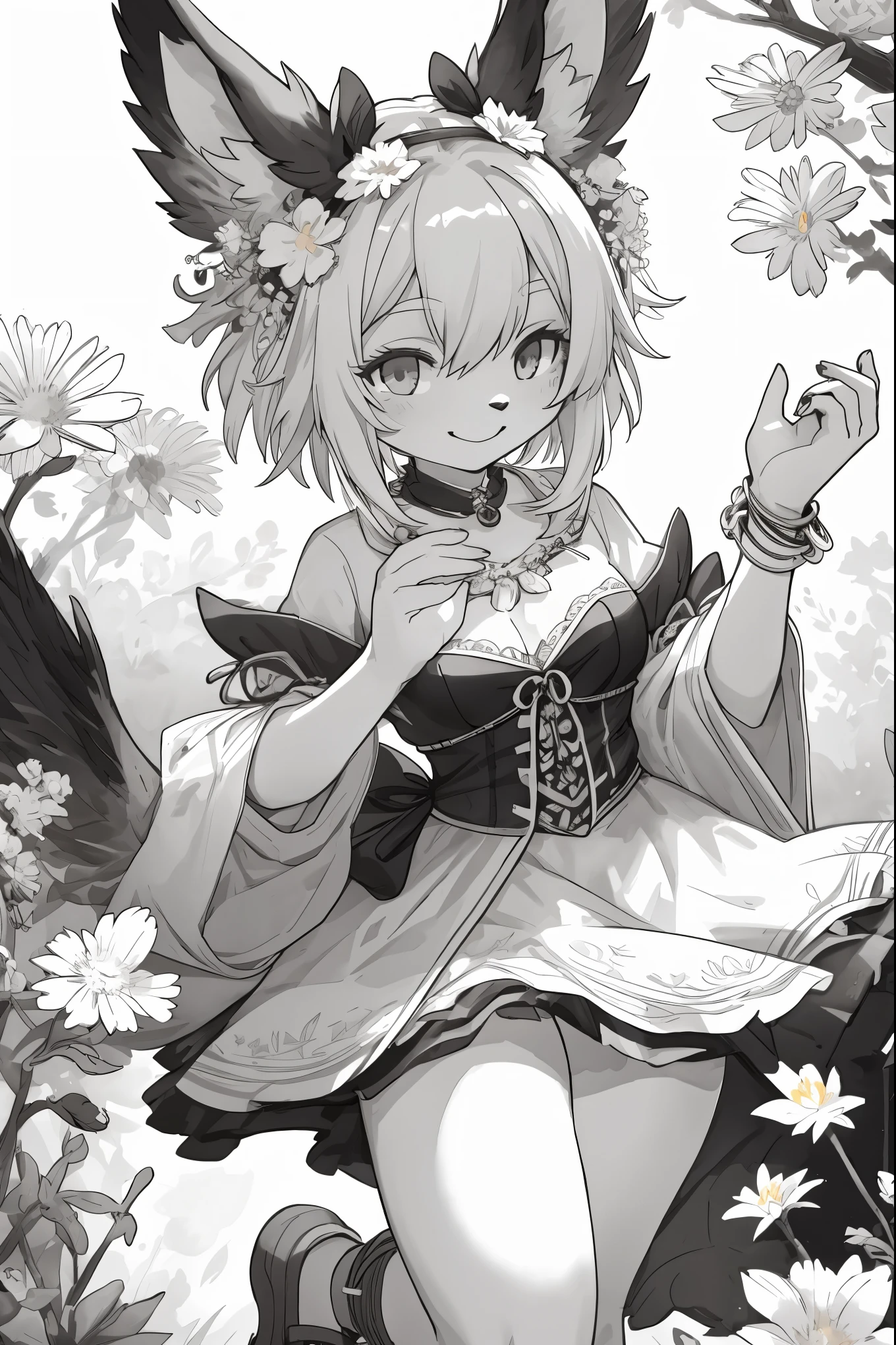 monochrome, watercolor, highres, top quality, best quality, paid reward available, High-quality illustrations, unparalleled masterpiece, perfect artwork, absurdres, 1girl, kemono, furry, detailed body fur, animal face, animal hand, Archaic Smile, holding a cluster of Rainbow flower in both hands, which are positioned at chest level, She is wearing a simple ring on the ring finger of her left hand, unfocused spread of Rainbow flower, fan-created work shared on platforms Pixiv or Twitter,