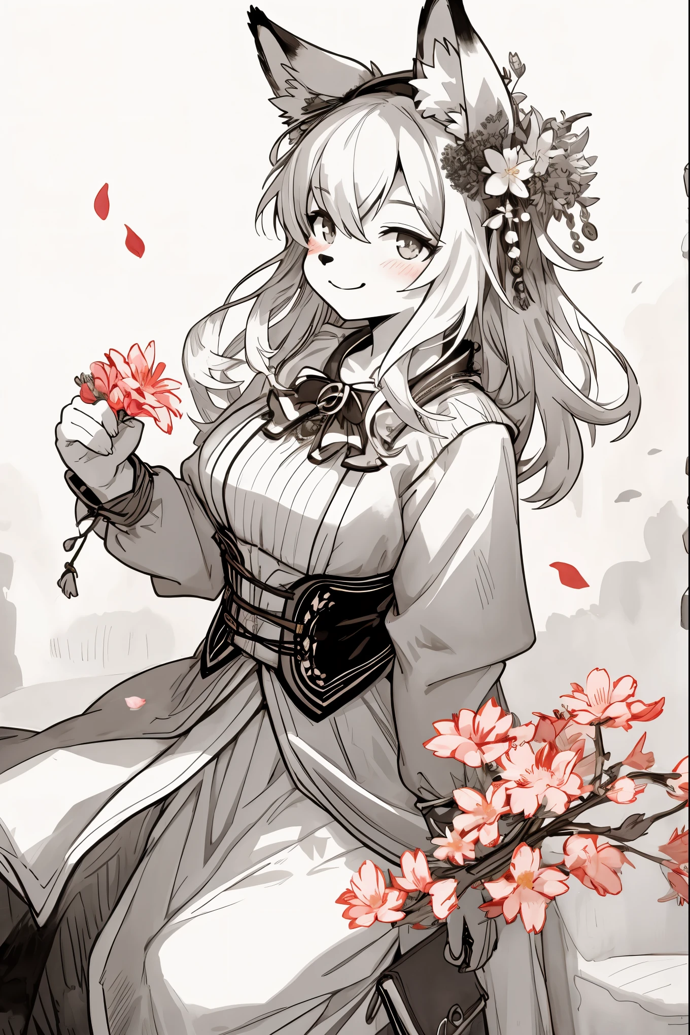 monochrome, watercolor, highres, top quality, best quality, paid reward available, High-quality illustrations, unparalleled masterpiece, perfect artwork, absurdres, 1girl, kemono, furry, detailed body fur, animal face, animal hand, Archaic Smile, holding a cluster of Vermilion flower in both hands, which are positioned at chest level, She is wearing a simple ring on the ring finger of her left hand, unfocused spread of Vermilion flower, fan-created work shared on platforms Pixiv or Twitter,