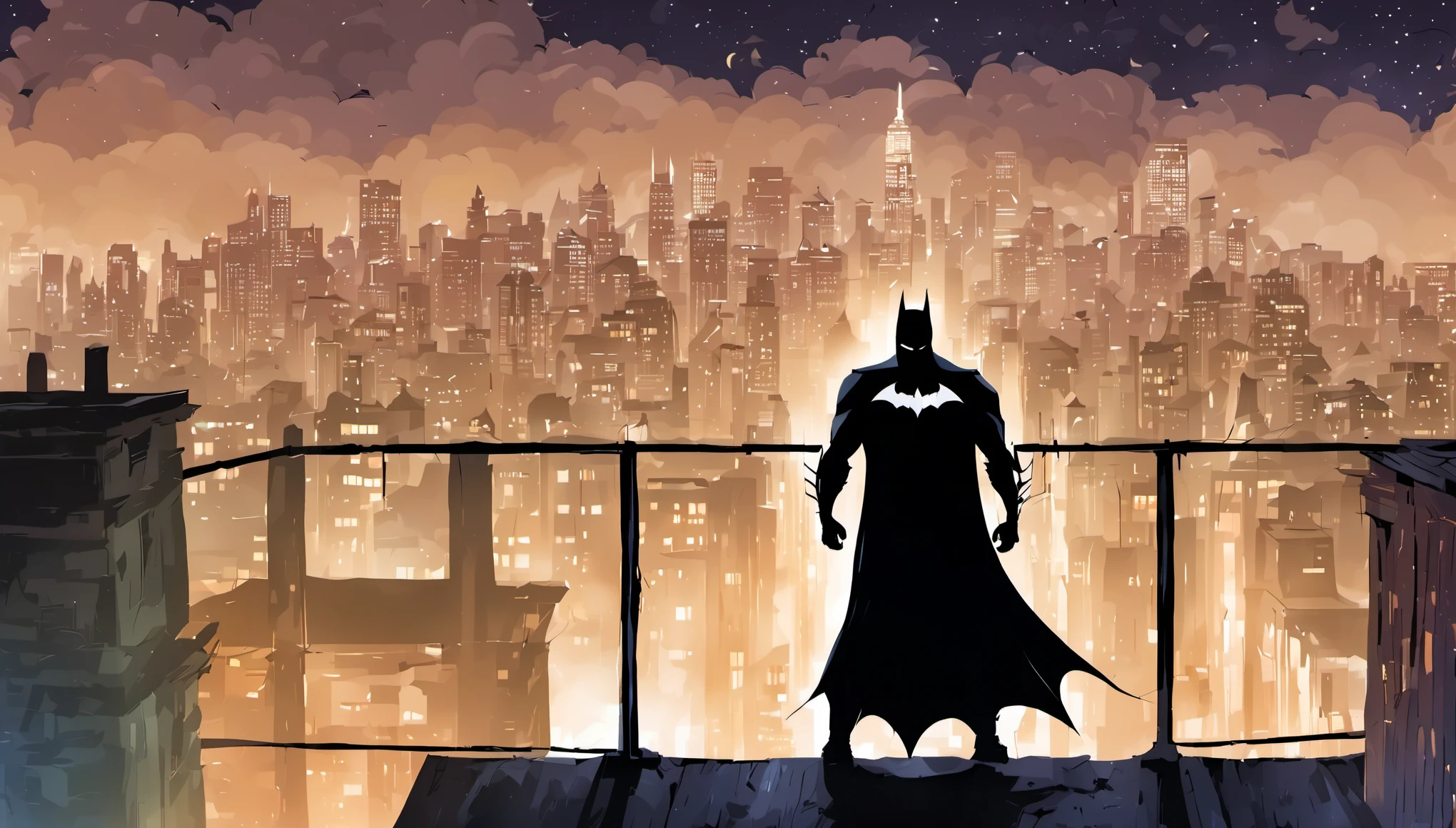 (masterpiece, best quality:1.2),A Batman，Stand on the rooftop and overlook the city，night，art style design，Scene design，Concept Design, American comics, comic style