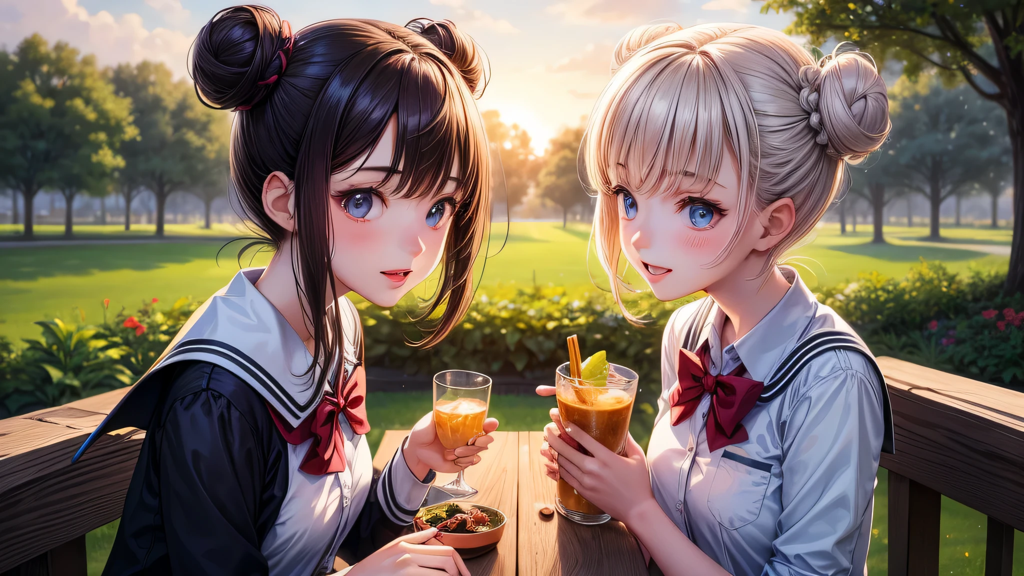 (2 girls:1.2), cute face, shining smile, (double buns:1.2), (school uniform, mini skirt:1.2), (highest quality: 1.4), (Super detailed), (highest quality:1.4), (super detailed), (lush park), sunset, (anime illustration), very high resolution, (Upper body), close up face
