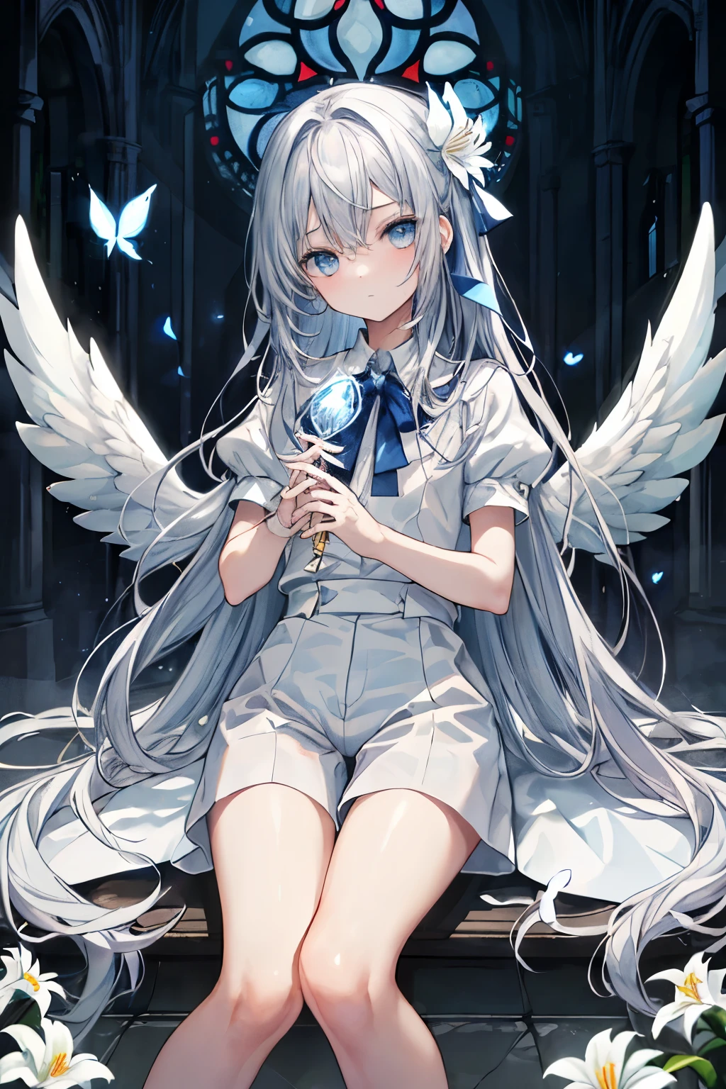 highest quality、detailed face、detailed costumes、detailed background、man solo、teenage boy、Masseter muscle part、long gray hair、horizontal hair、light blue eyes、watch here、close your mouth、golden ratio face、full body esbian、8K high resolution、highest quality、Two pairs of angel wings sprouting from his back、light blue petals、light leak blur effect、particles of light、White shorts、white shorts、White collar short sleeve shirt、light blue ribbon、White Lily、Drawn eyes、fine eyes、delicate fingers and hands、Inner part of a cathedral、stained glass window、illuminated by a spotlight、god々々right、Light blue butterfly、dream-like、delicate hair