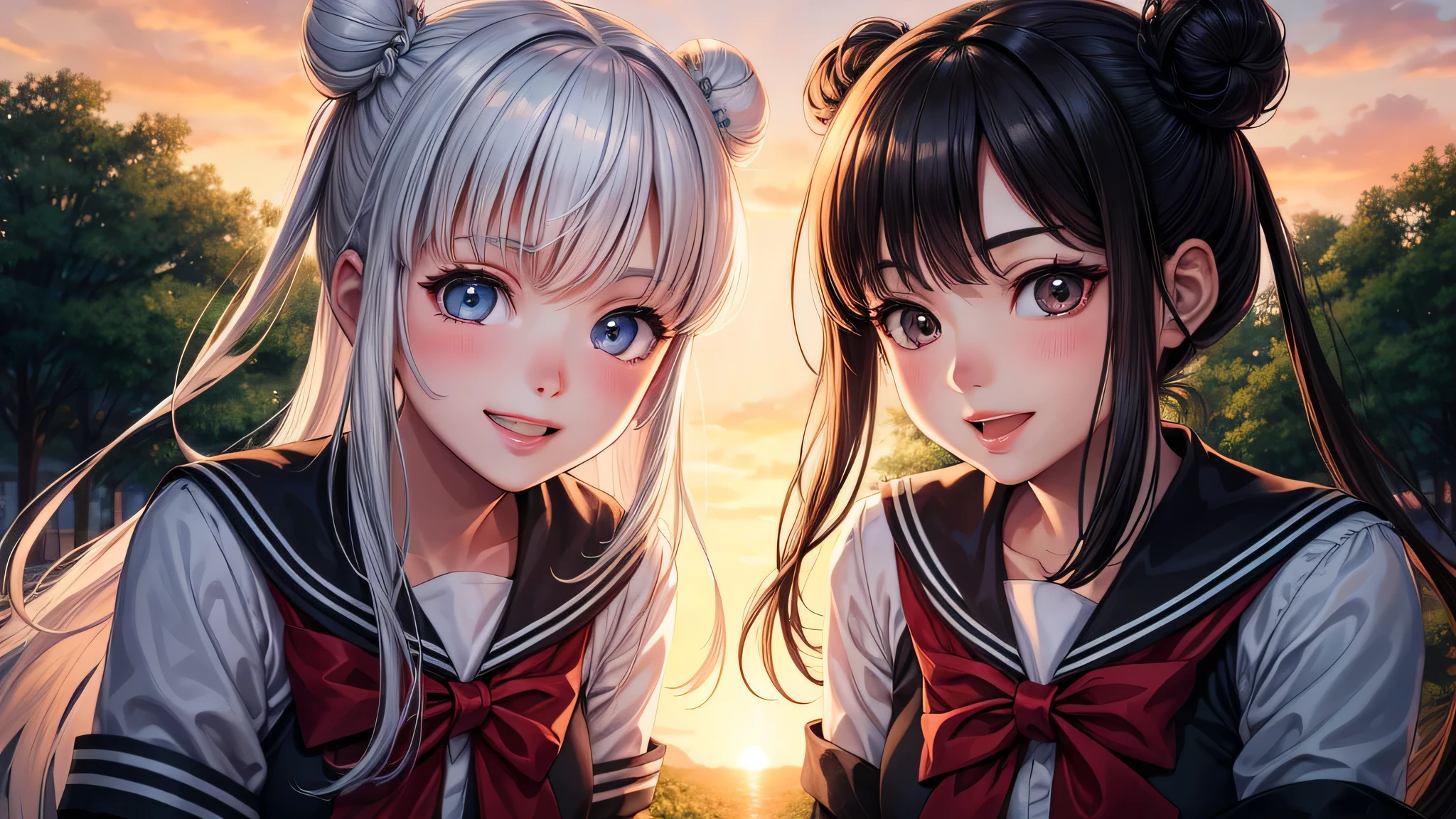 (2 girls:1.2), cute face, shining smile, (double buns:1.2), (school uniform, mini skirt:1.2), (highest quality: 1.4), (Super detailed), (highest quality:1.4), (super detailed), (lush park), sunset, (anime illustration), very high resolution, (Upper body), close up face