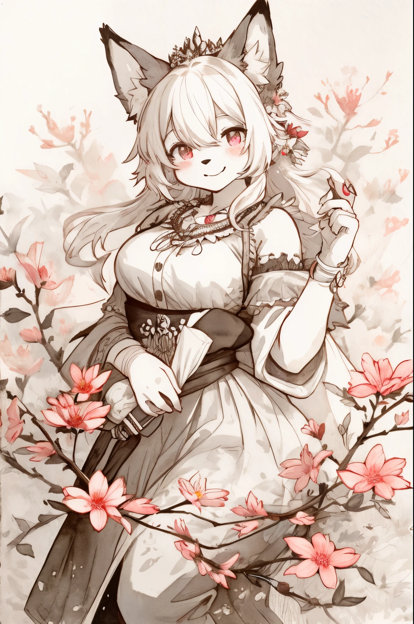 monochrome, watercolor, highres, top quality, best quality, paid reward available, High-quality illustrations, unparalleled masterpiece, perfect artwork, absurdres, 1girl, kemono, furry, detailed body fur, animal face, animal hand, Archaic Smile, holding a cluster of Vermilion flower in both hands, which are positioned at chest level, She is wearing a simple ring on the ring finger of her left hand, unfocused spread of Vermilion flower, fan-created work shared on platforms Pixiv or Twitter,