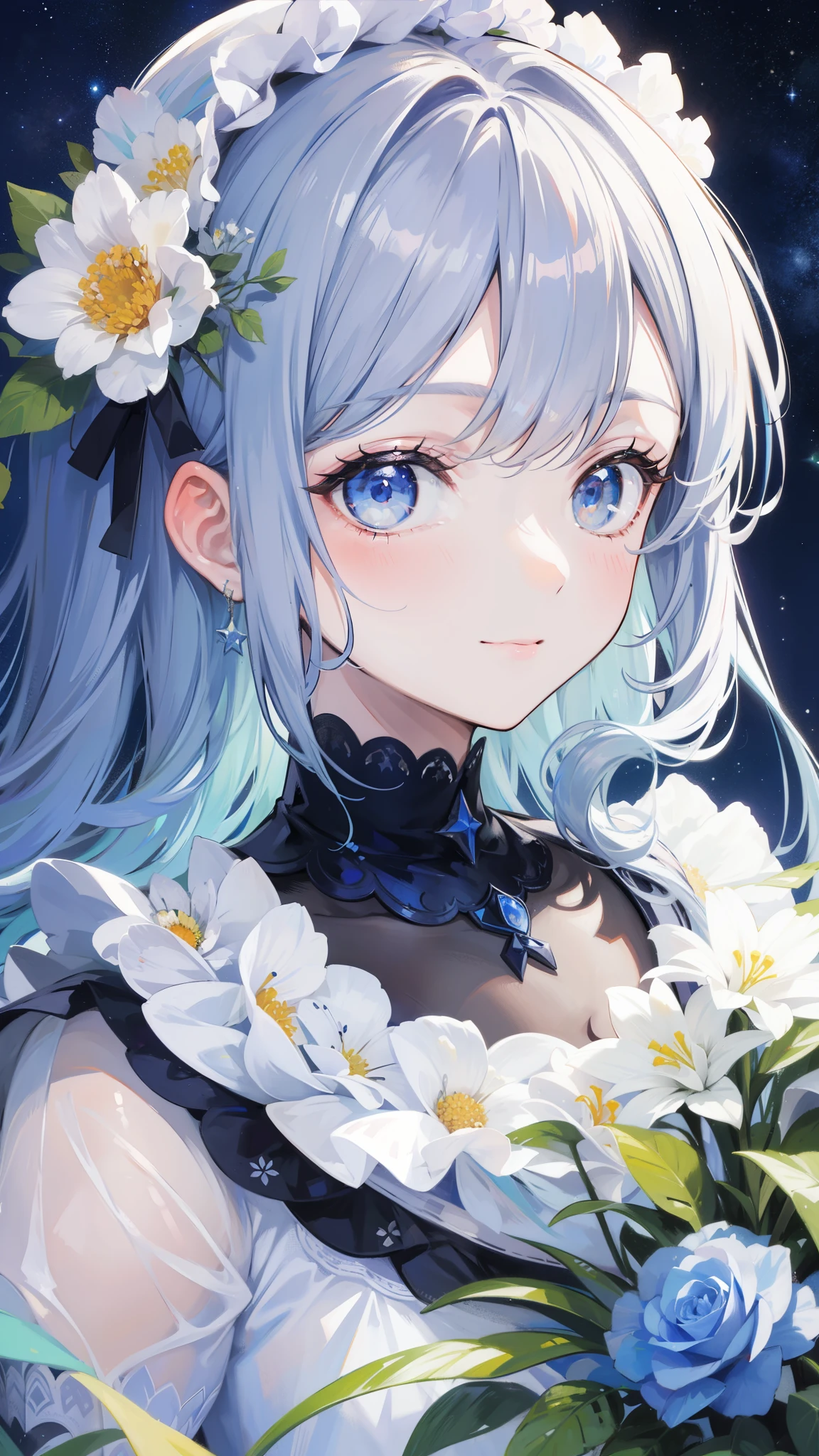 32k, highest quality, expensive_solve, clear_image, detailed background, girl, flower, garden, starry sky, Beautiful modeling, smile, close up of face, 