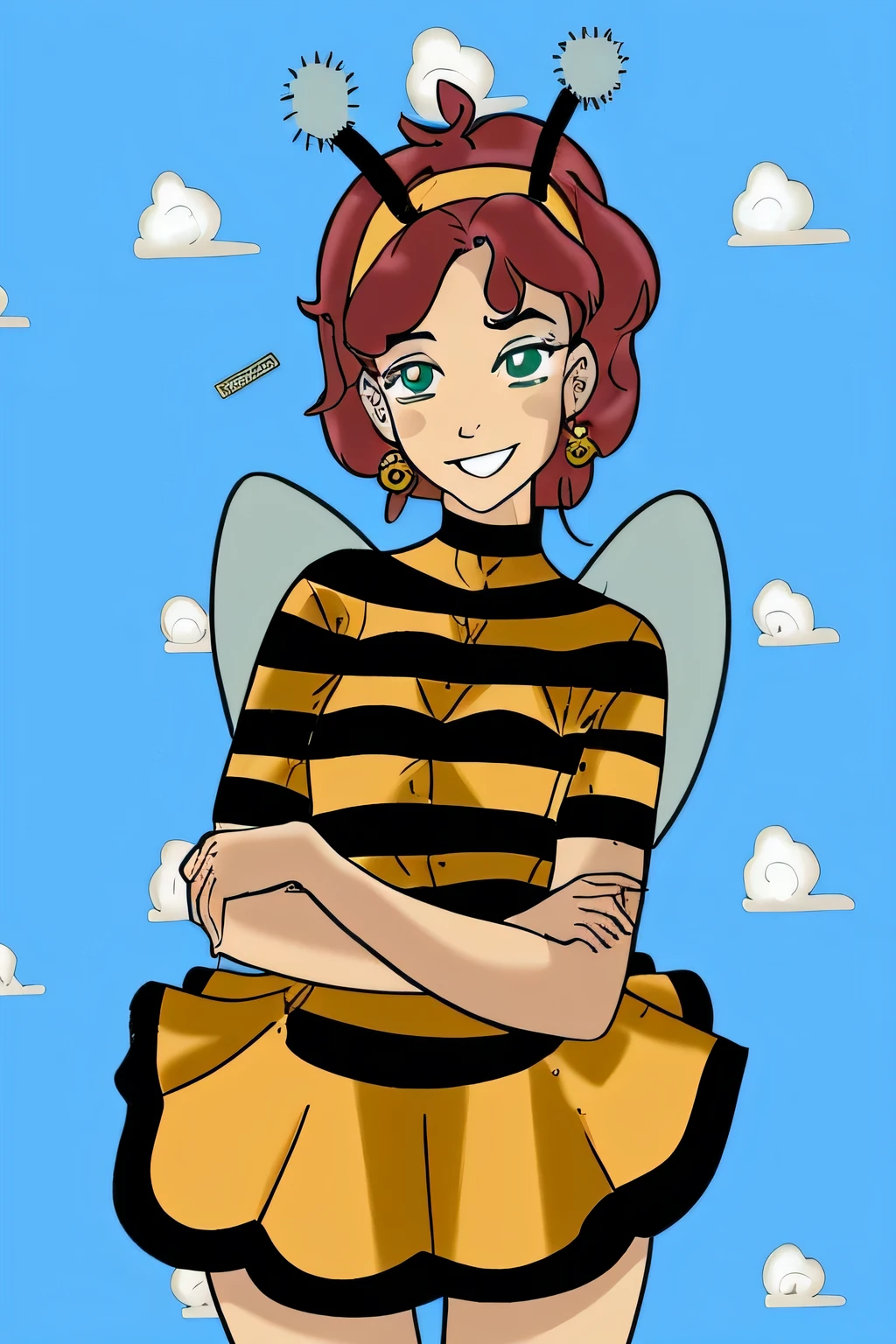 um desenho animado de uma mulher vestida com uma fantasia de abelha, maya abelha, (abelha), abelha, garota treinadora de insetos, madeline da celeste, big abelha, abelhista fantasia, Mel, inspirado em Claire Hummel, human structure abelha concept art, inspirado em Puru, abelhas, papel de parede!, inspirado em Taiyō Matsumoto, inspirado em Leiko Ikemura