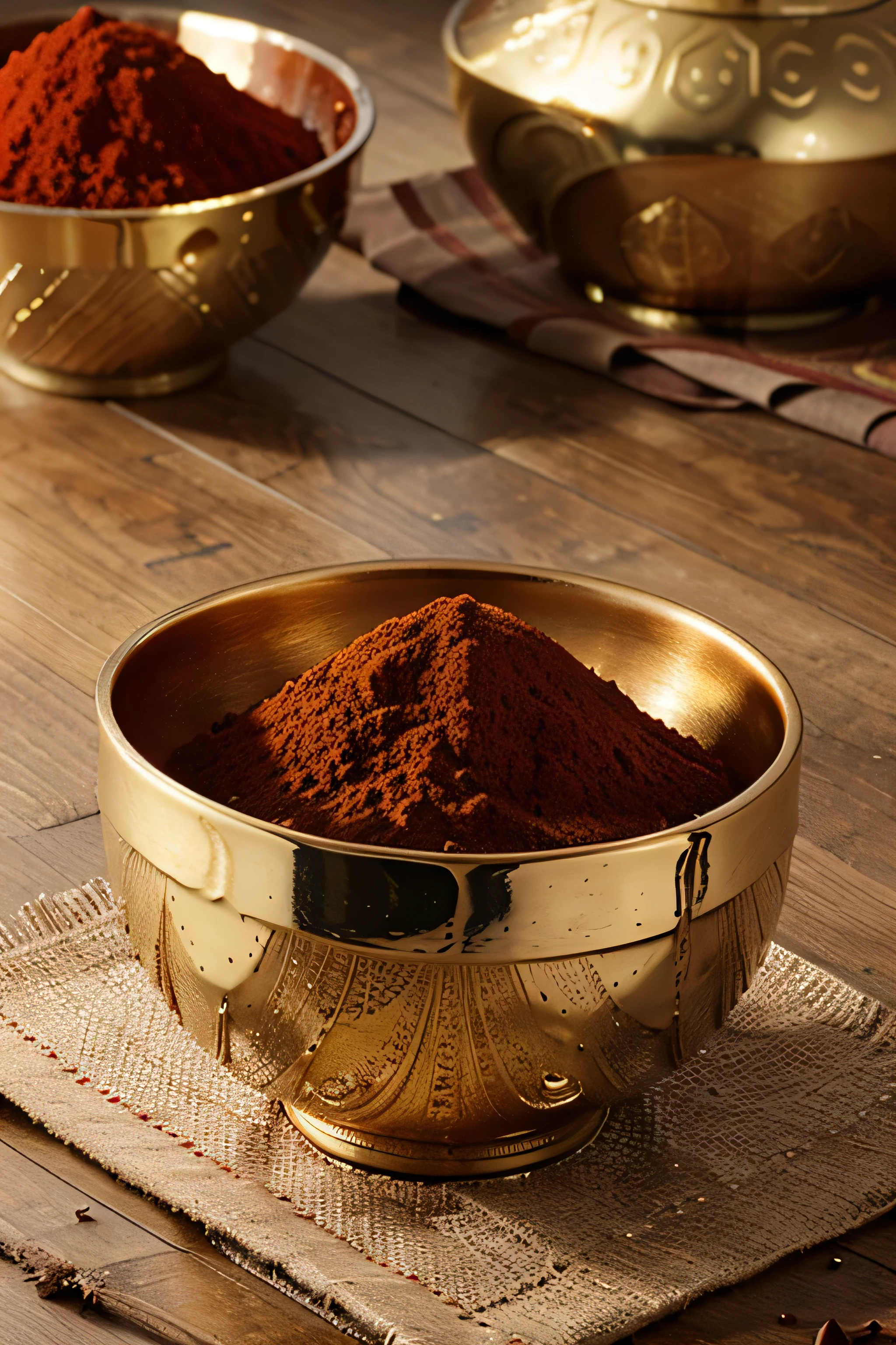 a photo shoot of red chili powder in an indian golden emboss bowl, front view,, show full bowl