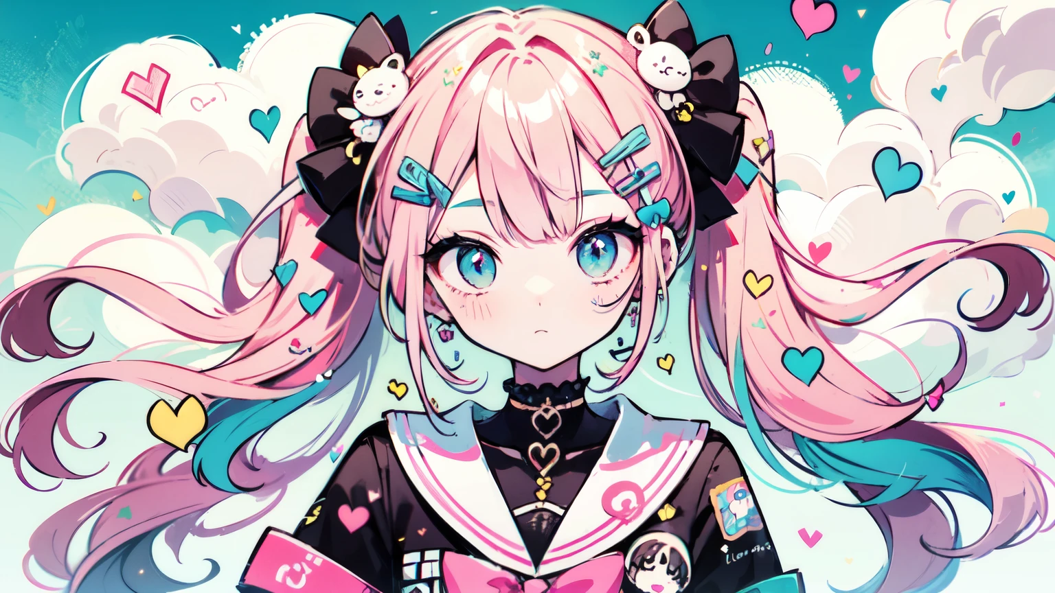 "cute, cute, adorable girl in pink, jumping,pastel colour,candy,Wearing sky-themed clothing with clouds and sky motifs. her costume is fluffy and soft, Comes with decora accessories such as hair clips. She embodies the vibrant and trendy Harajuku fashion style."