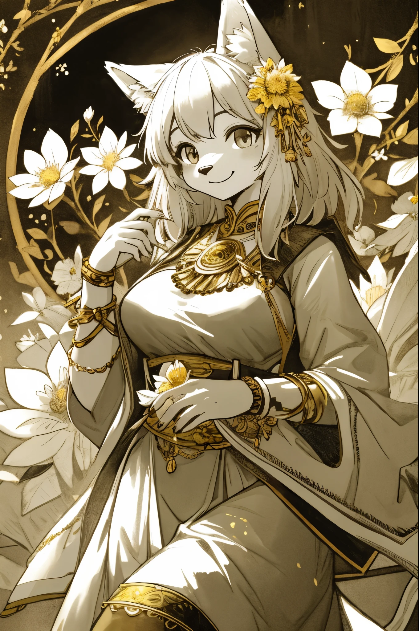 monochrome, watercolor, highres, top quality, best quality, paid reward available, High-quality illustrations, unparalleled masterpiece, perfect artwork, absurdres, 1girl, kemono, furry, detailed body fur, animal face, animal hand, Archaic Smile, holding a cluster of Gold flower in both hands, which are positioned at chest level, She is wearing a simple ring on the ring finger of her left hand, unfocused spread of Gold flower, fan-created work shared on platforms Pixiv or Twitter,