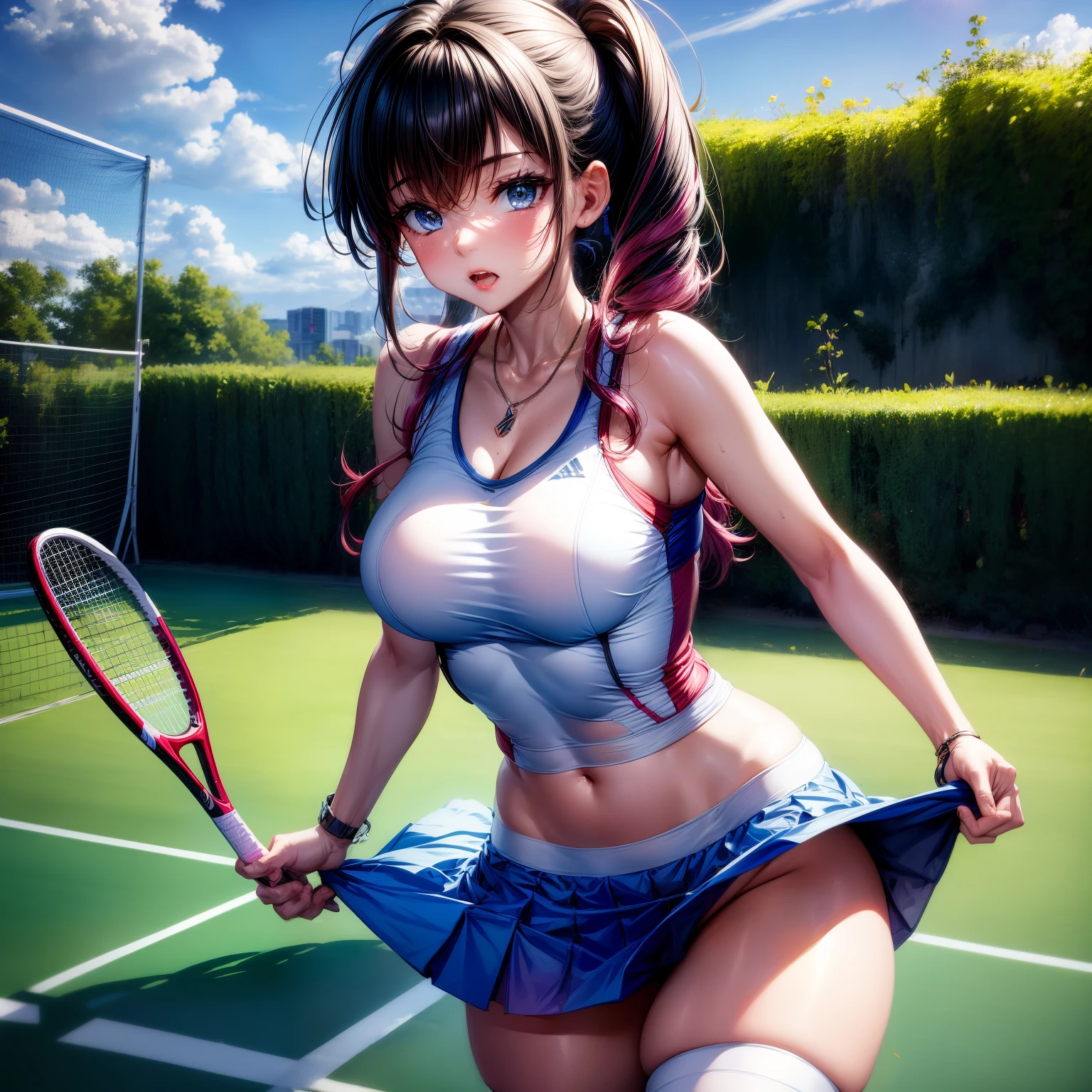 (8k ,Super detailed,Best masterpiece,nature,perfect work of art,perfect female figure),two women,sister and younger sister, sisters,rainbow hair,perfect face,(huge ),neighbor wife,woman hairstyle,elegant wife,Sophisticated and revealing ,20 years old,White skin,messy hair,perfect sexy body,Tone,flirtatious,very big ,Willow Yao,see through breasts,nipple,tennis player,Wearing ultra-short tennis sportswear,on the tennis court,Holding tennis racket,Detail background,necklace,perfect eyes,,T-shaped small size,huge big