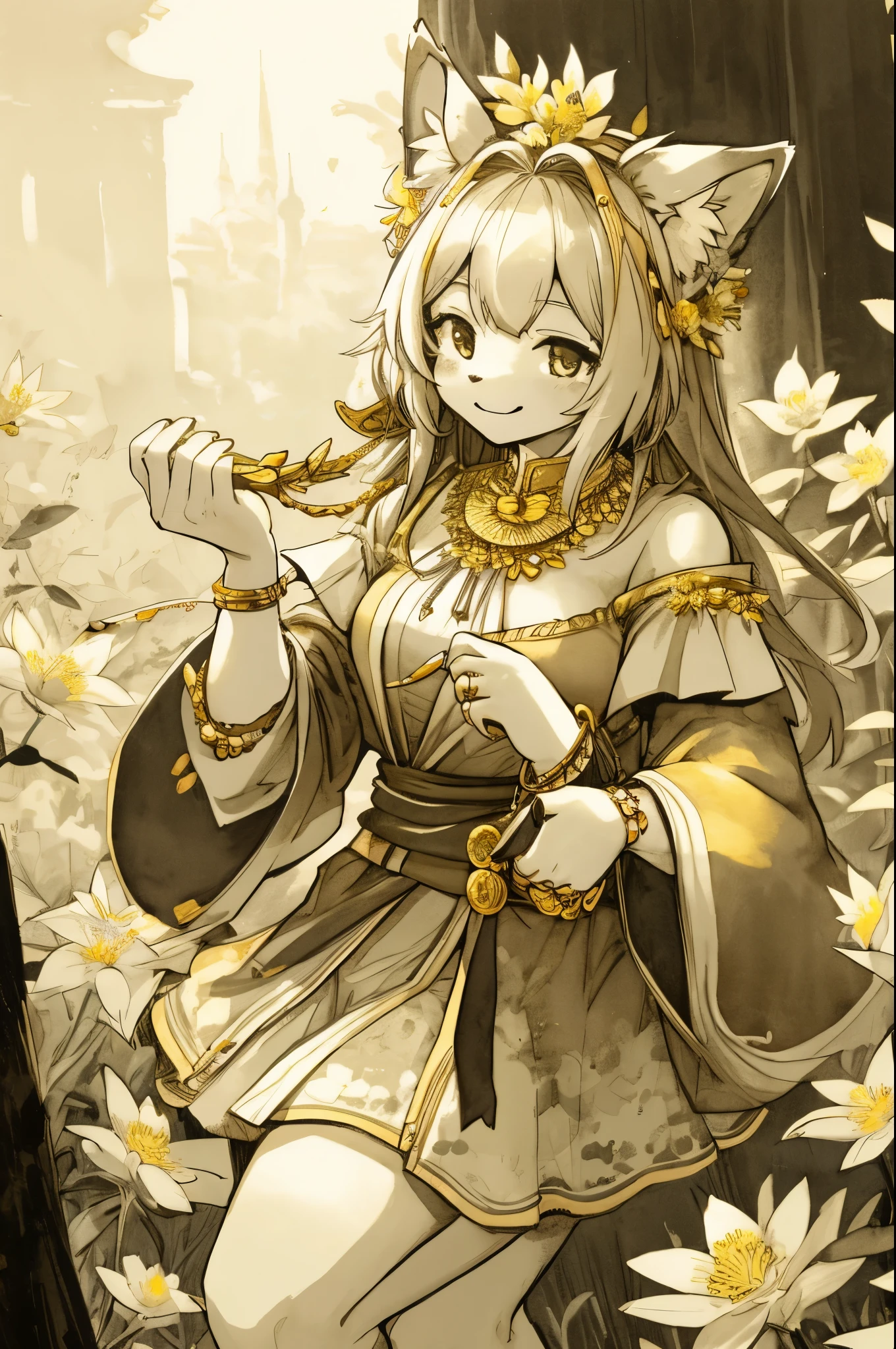 monochrome, watercolor, highres, top quality, best quality, paid reward available, High-quality illustrations, unparalleled masterpiece, perfect artwork, absurdres, 1girl, kemono, furry, detailed body fur, animal face, animal hand, Archaic Smile, holding a cluster of Gold flower in both hands, which are positioned at chest level, She is wearing a simple ring on the ring finger of her left hand, unfocused spread of Gold flower, fan-created work shared on platforms Pixiv or Twitter,