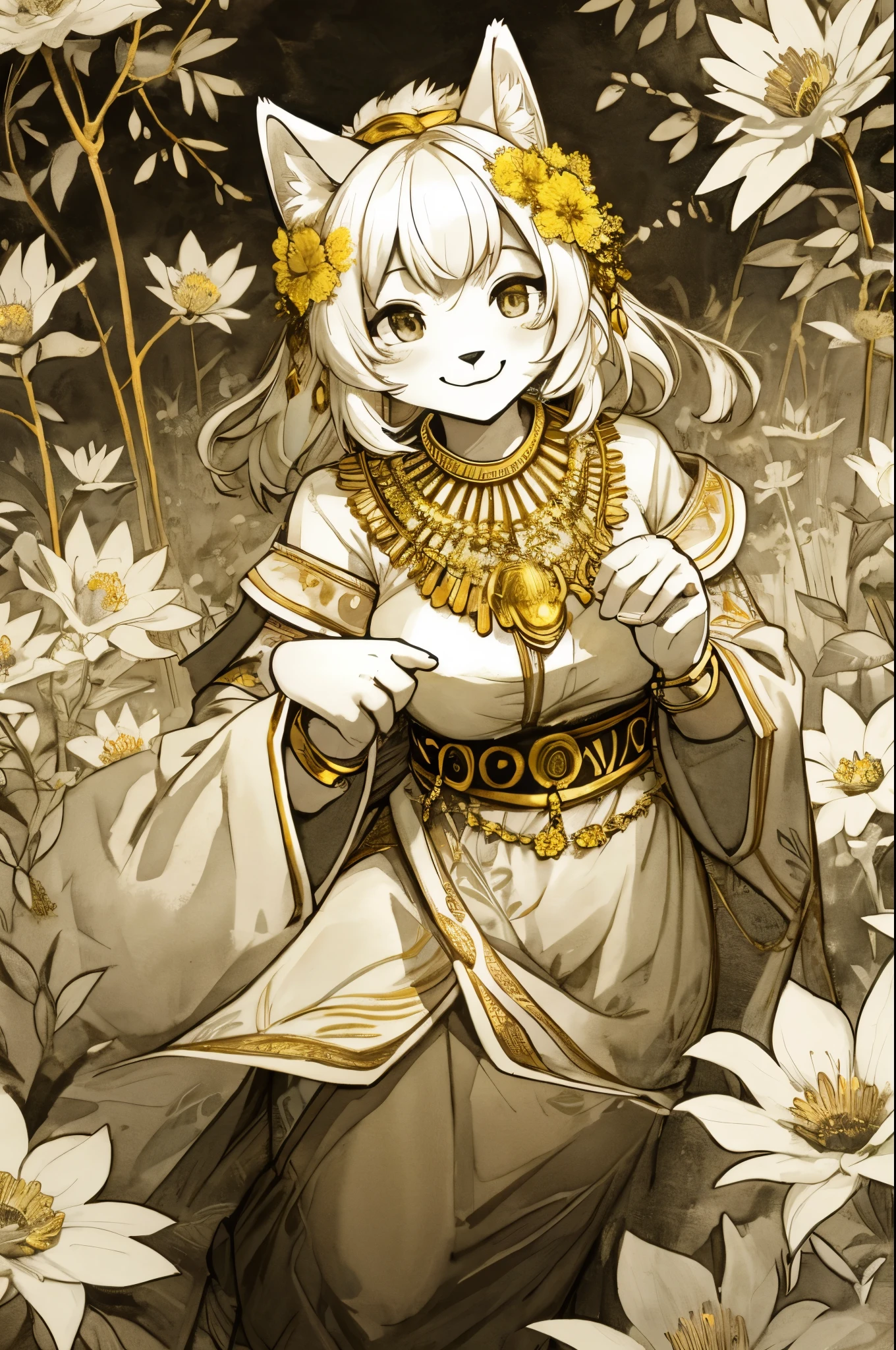 monochrome, watercolor, highres, top quality, best quality, paid reward available, High-quality illustrations, unparalleled masterpiece, perfect artwork, absurdres, 1girl, kemono, furry, detailed body fur, animal face, animal hand, Archaic Smile, holding a cluster of Gold flower in both hands, which are positioned at chest level, She is wearing a simple ring on the ring finger of her left hand, unfocused spread of Gold flower, fan-created work shared on platforms Pixiv or Twitter,