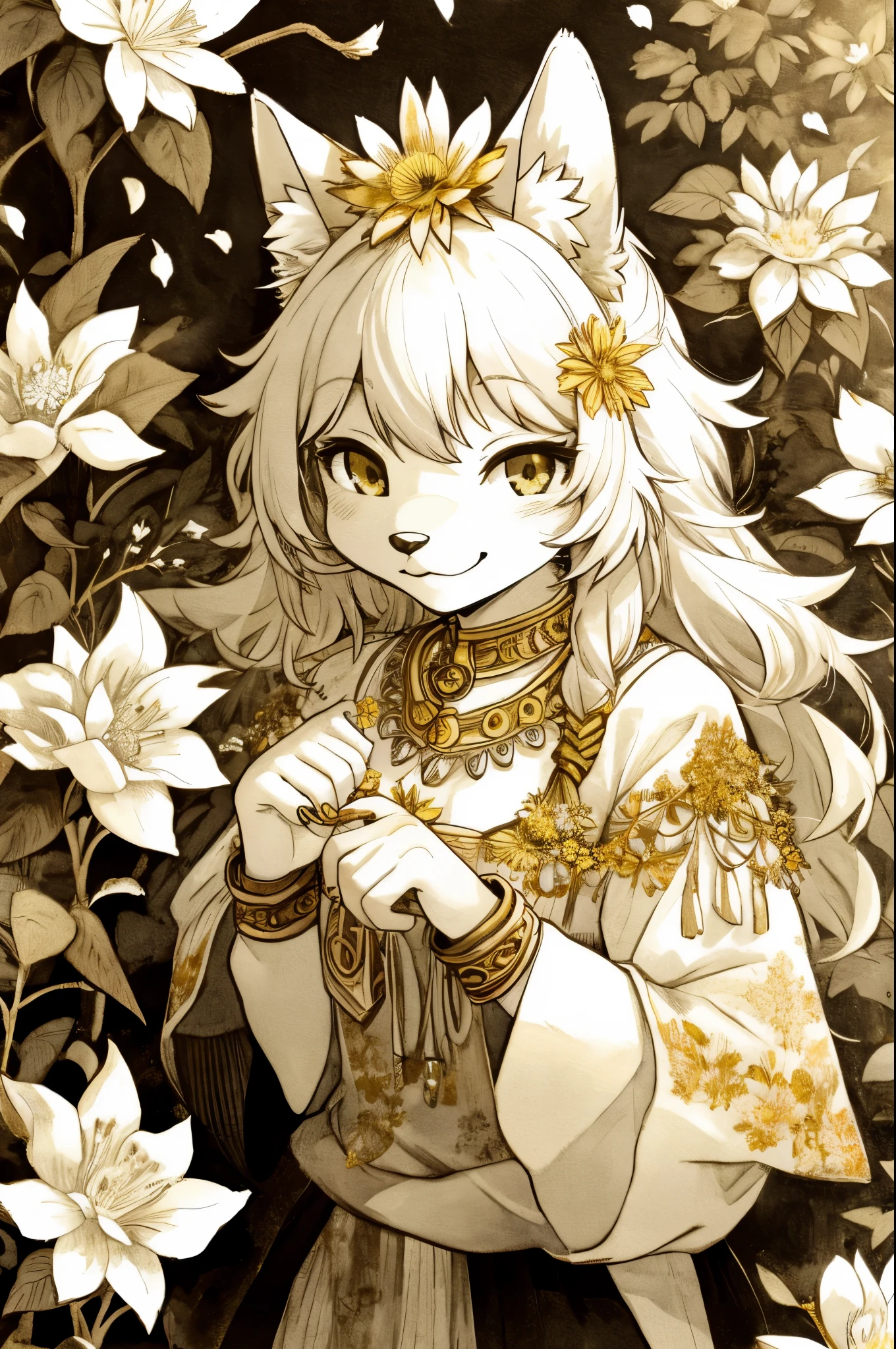 monochrome, watercolor, highres, top quality, best quality, paid reward available, High-quality illustrations, unparalleled masterpiece, perfect artwork, absurdres, 1girl, kemono, furry, detailed body fur, animal face, animal hand, Archaic Smile, holding a cluster of Gold flower in both hands, which are positioned at chest level, She is wearing a simple ring on the ring finger of her left hand, unfocused spread of Gold flower, fan-created work shared on platforms Pixiv or Twitter,