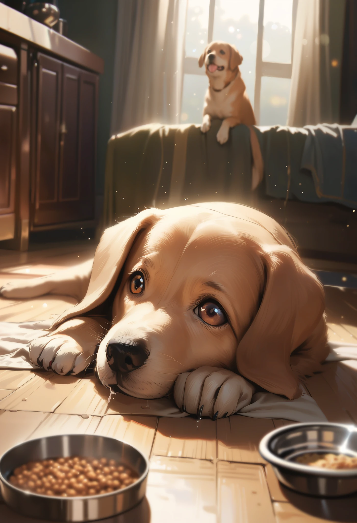 dog is waiting for dog food, the dog is looking down at food, food is on floor, drooling, beautiful, aesthetic, (ultra realistic illustration:0.6), 16K, extremely detailed CG unity 8k wallpaper, bokeh, (masterful), best quality