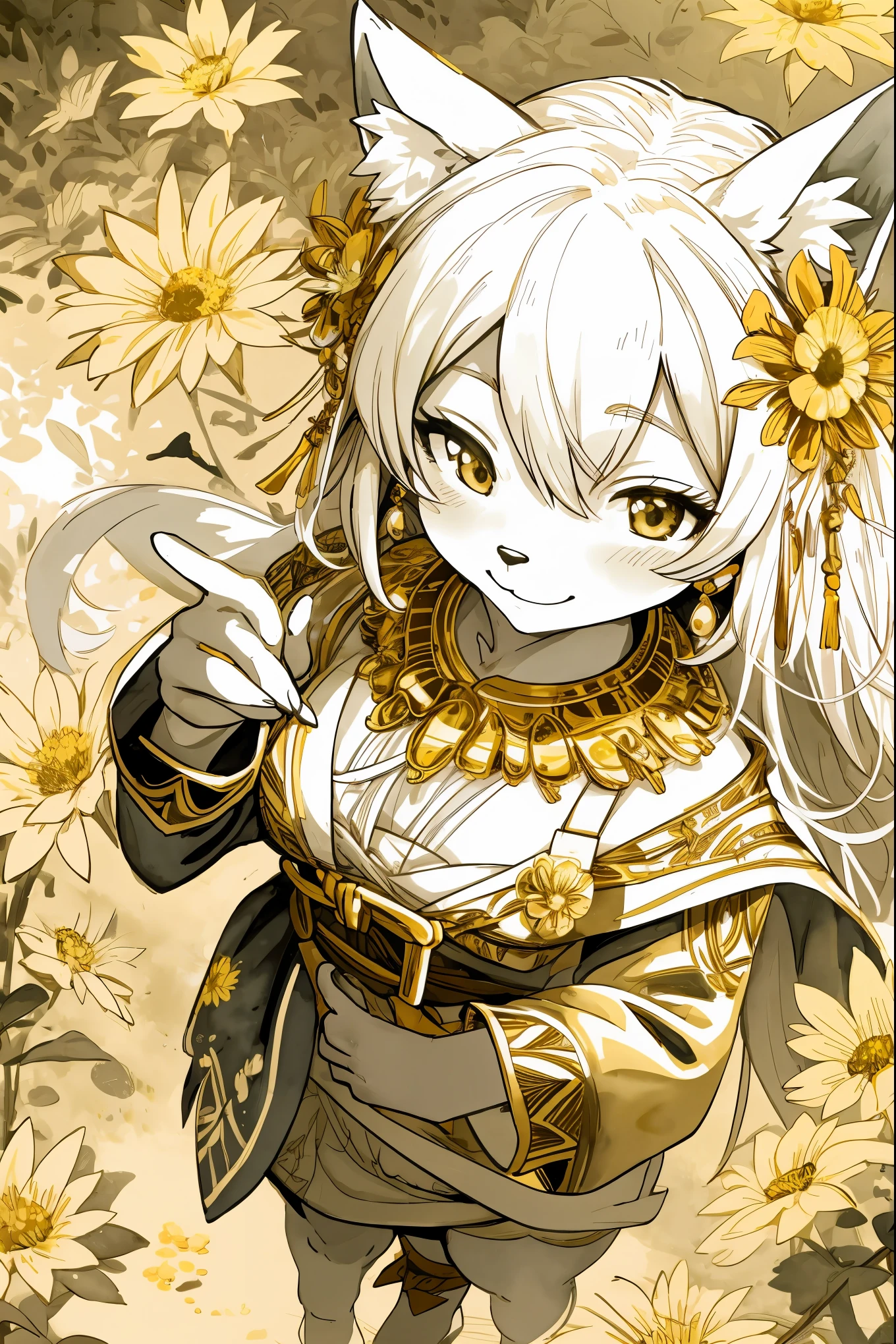 monochrome, watercolor, highres, top quality, best quality, paid reward available, High-quality illustrations, unparalleled masterpiece, perfect artwork, absurdres, 1girl, kemono, furry, detailed body fur, animal face, animal hand, Archaic Smile, holding a cluster of Gold flower in both hands, which are positioned at chest level, She is wearing a simple ring on the ring finger of her left hand, unfocused spread of Gold flower, fan-created work shared on platforms Pixiv or Twitter,
