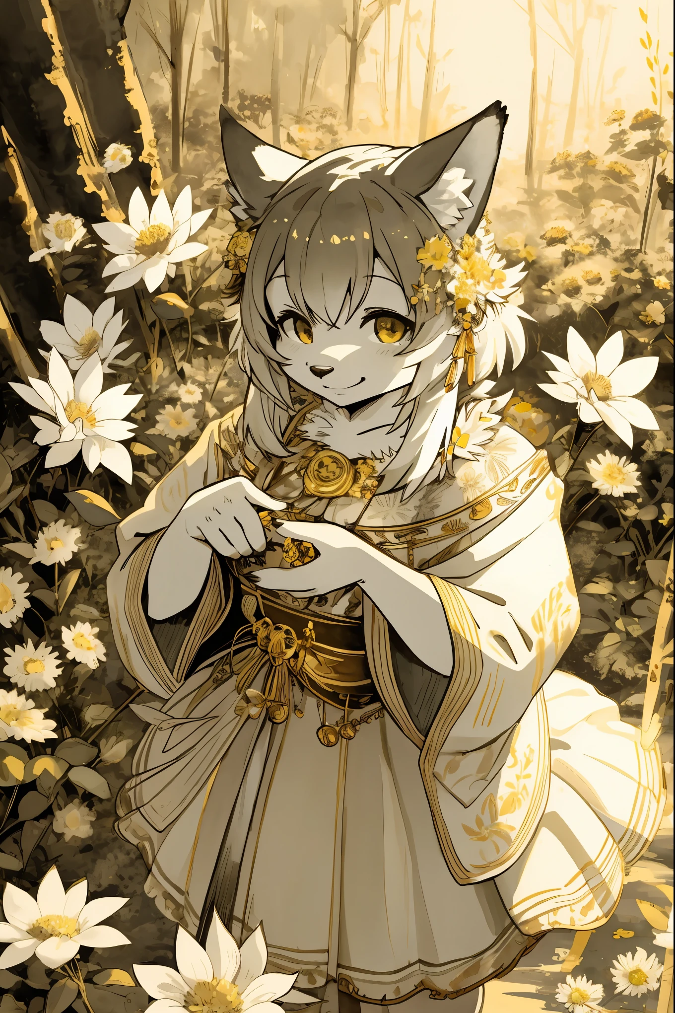 monochrome, watercolor, highres, top quality, best quality, paid reward available, High-quality illustrations, unparalleled masterpiece, perfect artwork, absurdres, 1girl, kemono, furry, detailed body fur, animal face, animal hand, Archaic Smile, holding a cluster of Gold flower in both hands, which are positioned at chest level, She is wearing a simple ring on the ring finger of her left hand, unfocused spread of Gold flower, fan-created work shared on platforms Pixiv or Twitter,