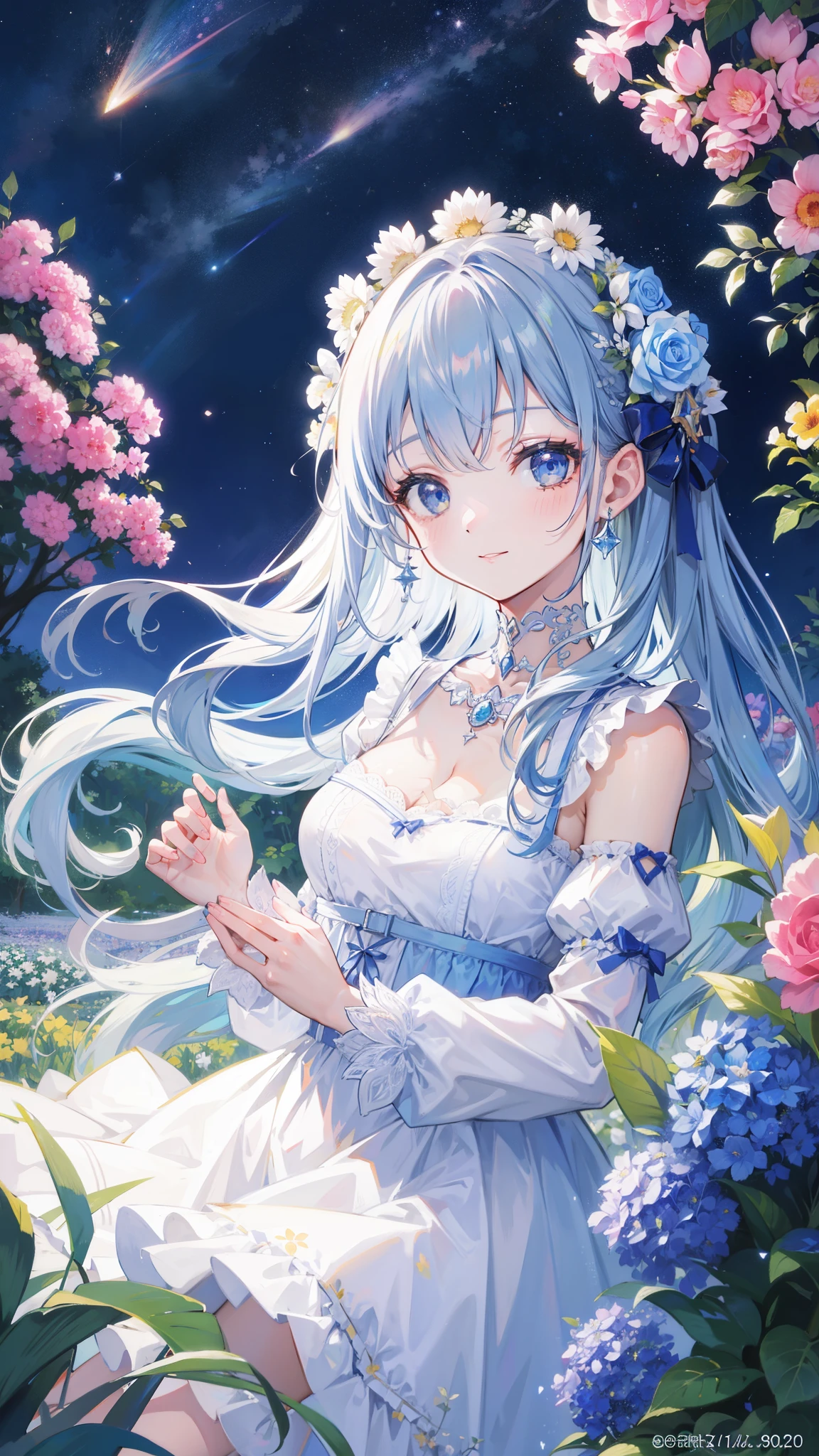 32k, highest quality, expensive_solve, clear_image, detailed background, girl, flower, garden, starry sky, Beautiful modeling, smile, close up of face,