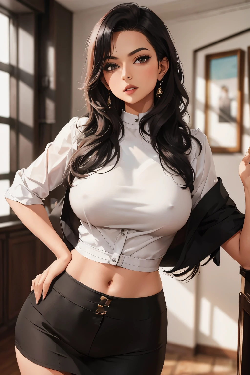 (masterpiece, best quality, detailed illustration, high resolution), ((1girl, solo)), ((huge breasts, slim waist, long legs, fit body, toned body)), ((black hair)), ((secretary, black skirt, white shirt)), ((full body, closeup view)), ((standing)), ((looking at the viewer, facing the viewer)), office setting, ((tan skin, tanned skin)), oiled skin, (large breasts), ((straight hair))