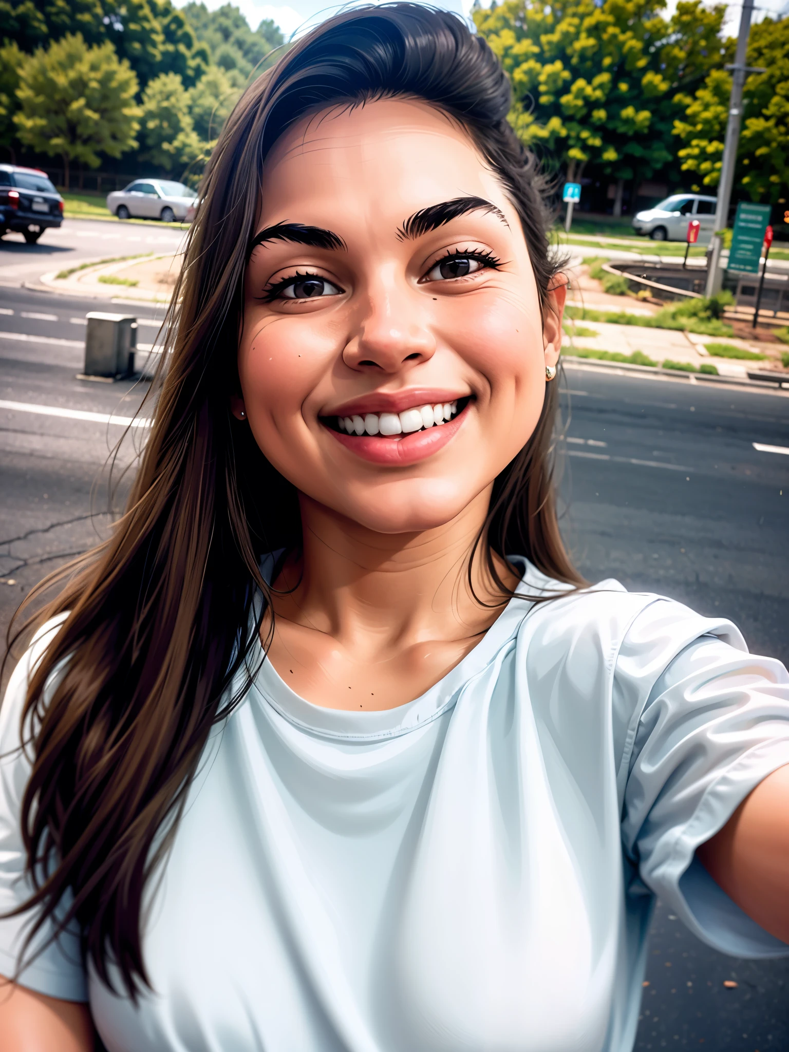 there is a smiling white woman with hair on her left shoulder in a white t-shirt