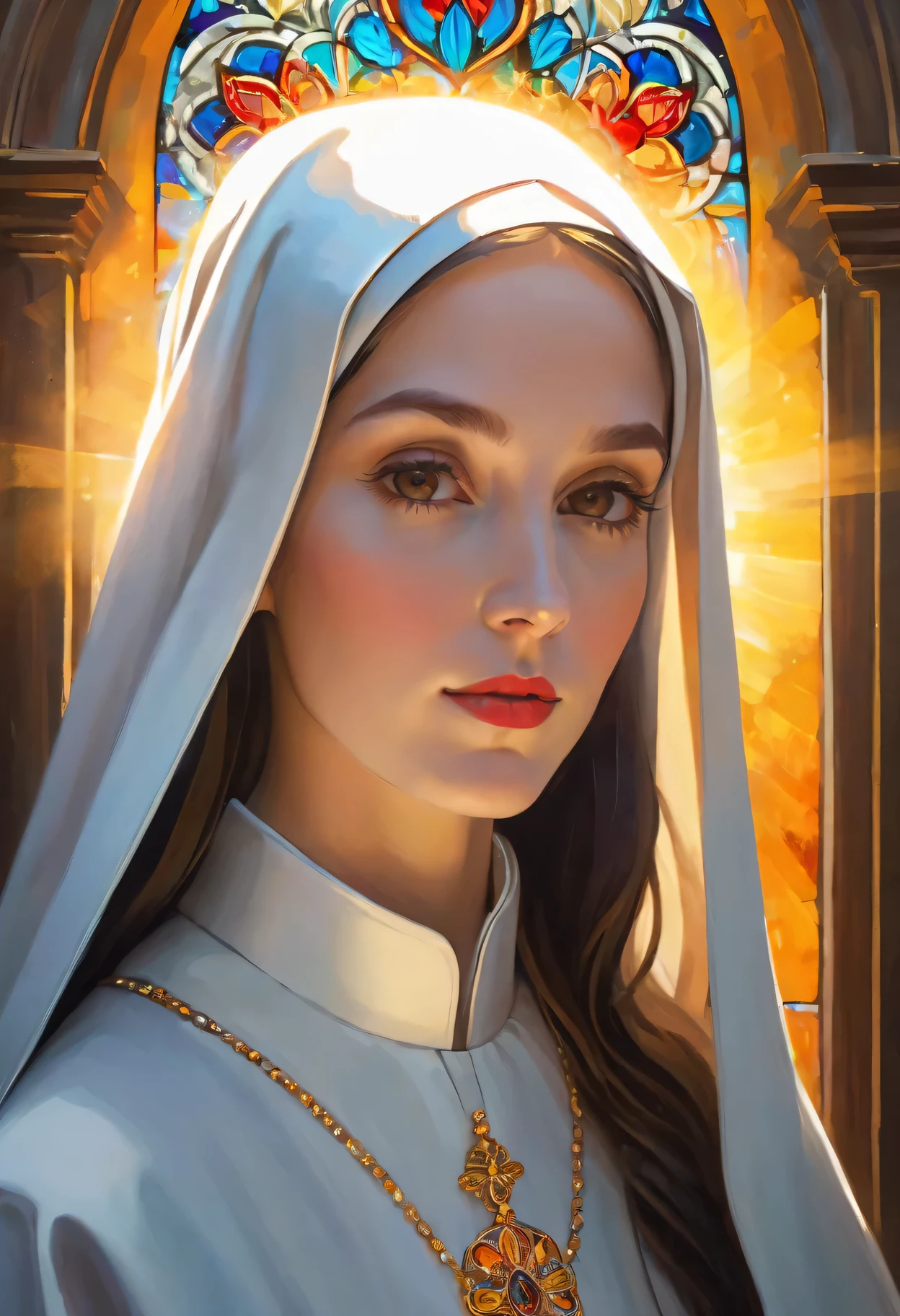 best quality,4k,8k,high resolution,masterpiece:1.2, Super detailed, actual:1.37, painting, portrait, nun in beautiful church, (Tyndall effect soft lighting), Religious atmosphere, stained glass windows, sacred tranquility, intricate details, Peaceful atmosphere, Calm facial expression, graceful posture, sacred silence, bright colors, Calm gaze, gentle brushstrokes, ethereal light, eternal beauty, quiet spirituality, Divine inspiration, sacred devotion, thin layer of paint, delicate brushstrokes, harmonious composition, subtle shading, charming atmosphere, divine light, Religious icons, peaceful solitude, spiritual enlightenment, godly experience, meditative tranquility, Deep tranquility.