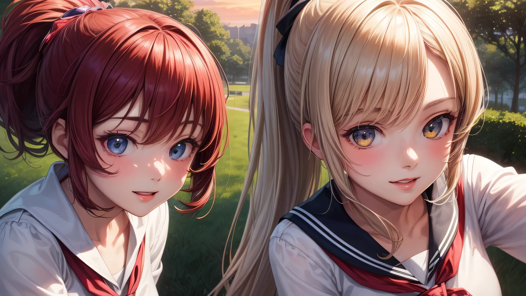 (2 girls:1.2), cute face, shining smile, (ponytail:1.2), (school uniform, mini skirt:1.2), (highest quality: 1.4), (Super detailed), (highest quality:1.4), (super detailed), (lush park), sunset, (anime illustration), very high resolution, (Upper body), close up face