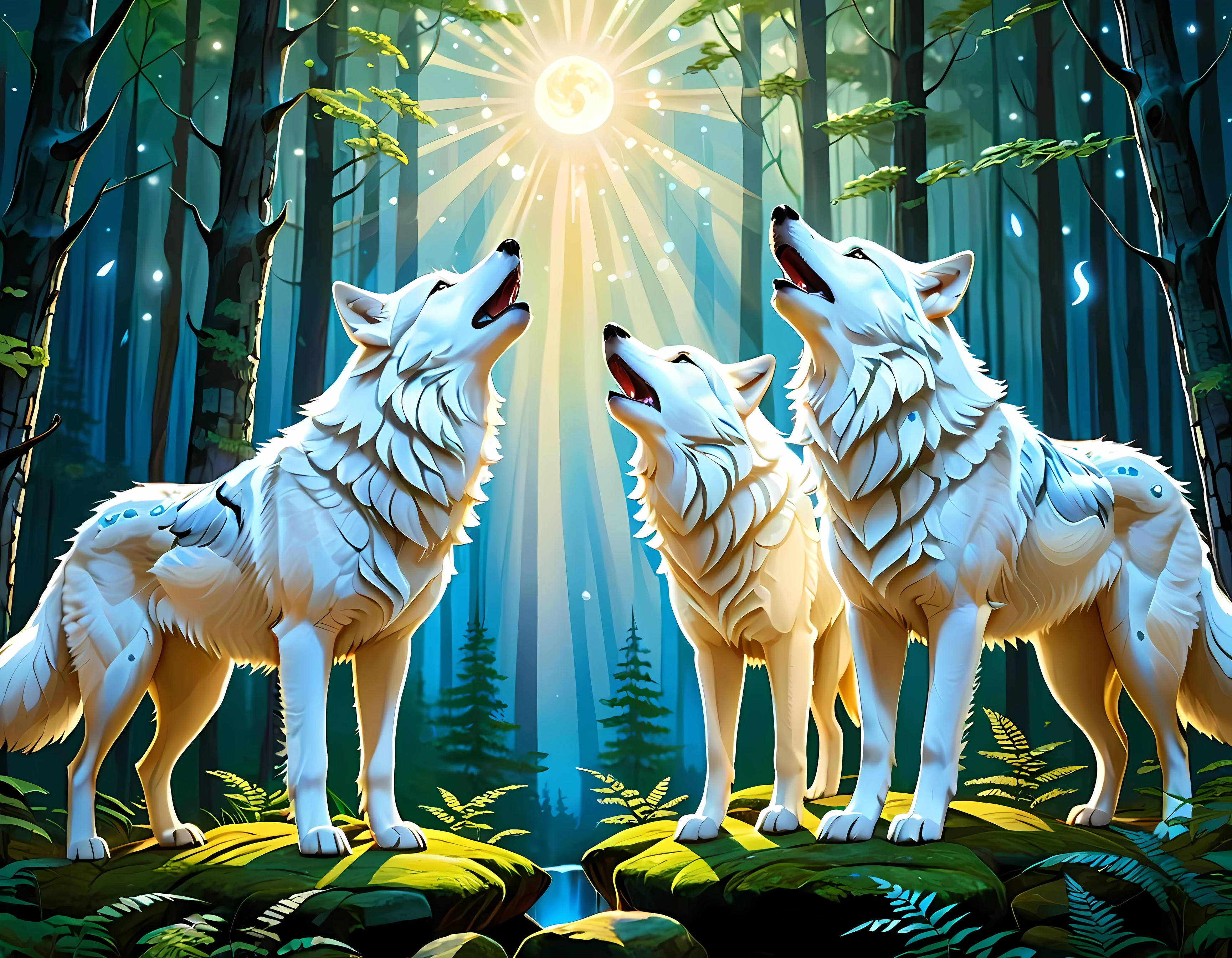 Epic digital drawing, a magical summer forest at starry night, moon (rays) filtering through the thick forest canopy, (adorable two howling white wolves, magical shimmering crystals), soft fog, masterpiece in maximum 16K resolution, superb quality. | ((More_Detail))