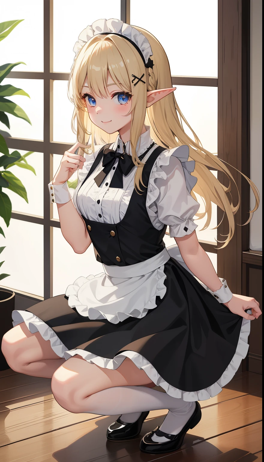 1 girl、as adult、smile、shirt、skirt、apron、hair ornaments、cream hair、elf、maid、maidコスチューム、（small breasts）、Wind、squat、