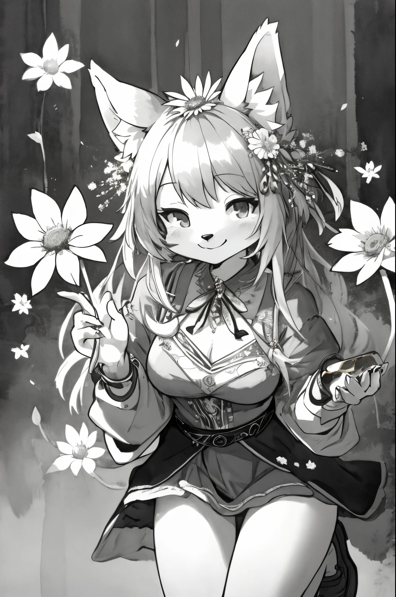 monochrome, watercolor, highres, top quality, best quality, paid reward available, High-quality illustrations, unparalleled masterpiece, perfect artwork, absurdres, 1girl, kemono, furry, detailed body fur, animal face, animal hand, Archaic Smile, holding a cluster of Black flower in both hands, which are positioned at chest level, She is wearing a simple ring on the ring finger of her left hand, unfocused spread of Black flower, fan-created work shared on platforms Pixiv or Twitter,