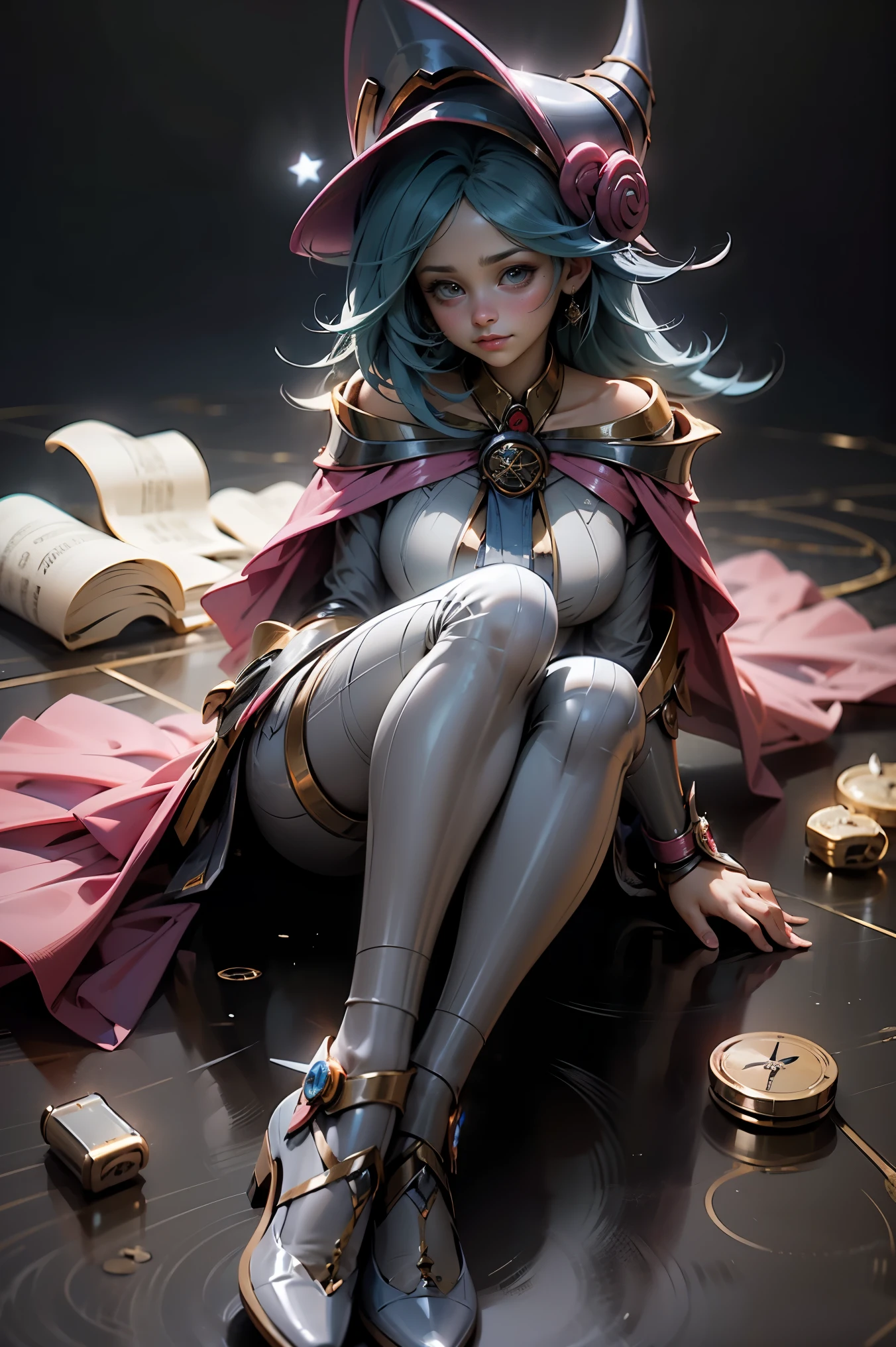 (obra maestra:1.2), (La mejor calidad:1.2), perfect lighting, Chica Maga Oscura lanzando un hechizo, en batalla. flotando en el aire, tetas medianas visibles, escote transparente, bata azul, sombrero grande, desde arriba, Destellos, Yugioh juego, The magic of the heart. LIGHTS OF THE HEART, Romantic heart. Ella usa tacones. Tiene tacones. Usa tacones 
