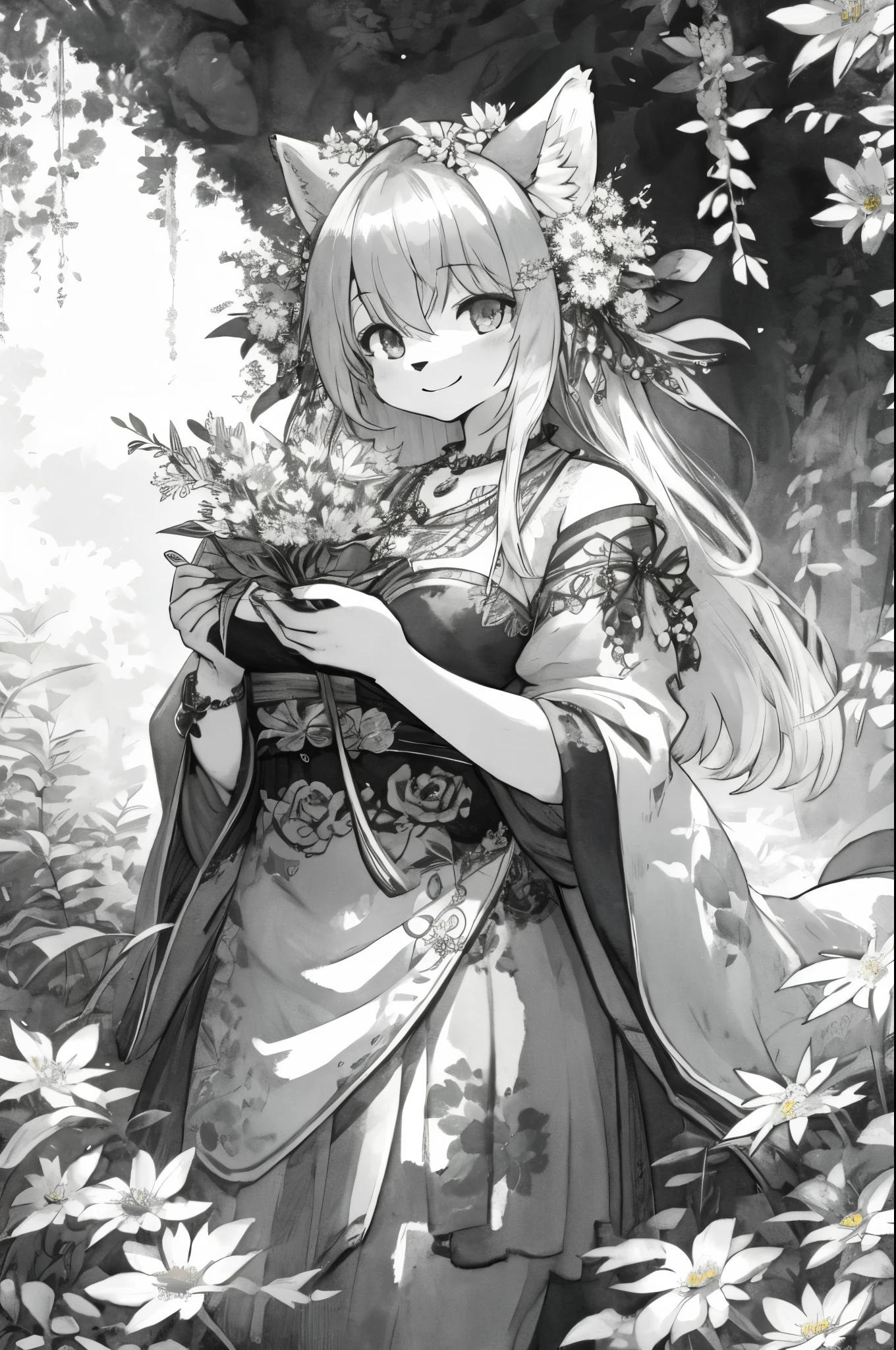 monochrome, watercolor, highres, top quality, best quality, paid reward available, High-quality illustrations, unparalleled masterpiece, perfect artwork, absurdres, 1girl, kemono, furry, detailed body fur, animal face, animal hand, Archaic Smile, holding a cluster of  silver flower in both hands, which are positioned at chest level, She is wearing a simple ring on the ring finger of her left hand, unfocused spread of silver flower, fan-created work shared on platforms Pixiv or Twitter,