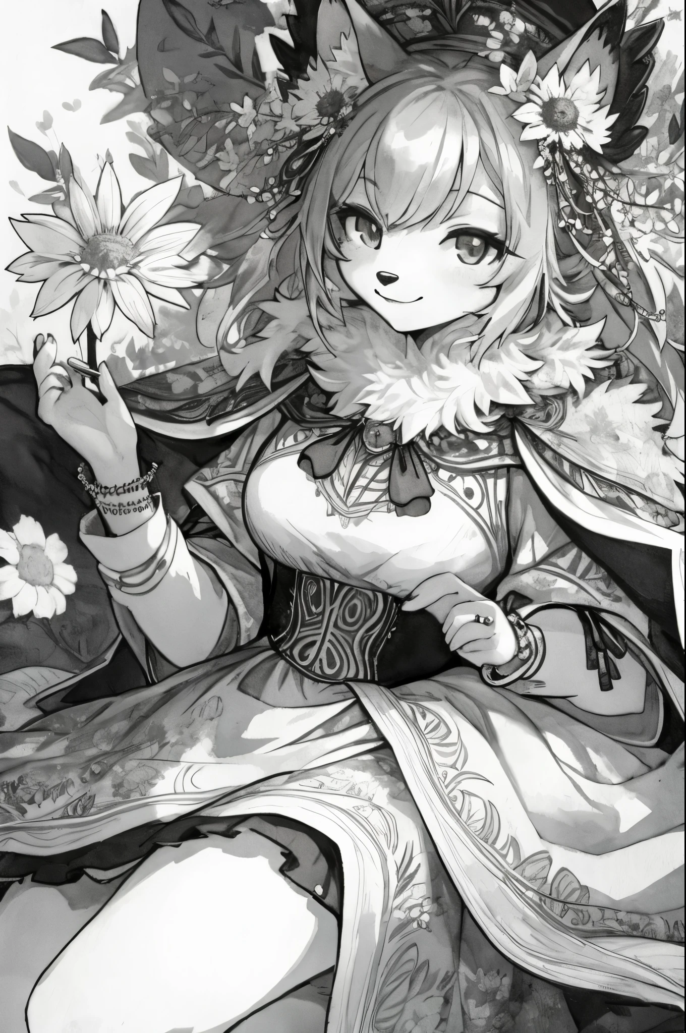monochrome, watercolor, highres, top quality, best quality, paid reward available, High-quality illustrations, unparalleled masterpiece, perfect artwork, absurdres, 1girl, kemono, furry, detailed body fur, animal face, animal hand, Archaic Smile, holding a cluster of  silver flower in both hands, which are positioned at chest level, She is wearing a simple ring on the ring finger of her left hand, unfocused spread of silver flower, fan-created work shared on platforms Pixiv or Twitter,