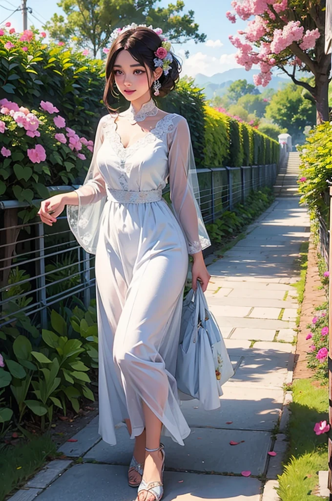 Extremely fine line delicate intricate colored sketch, scene of a lady softly walking down a path lined with beautiful multicilored flowers soft colors intricate realistic sketch art