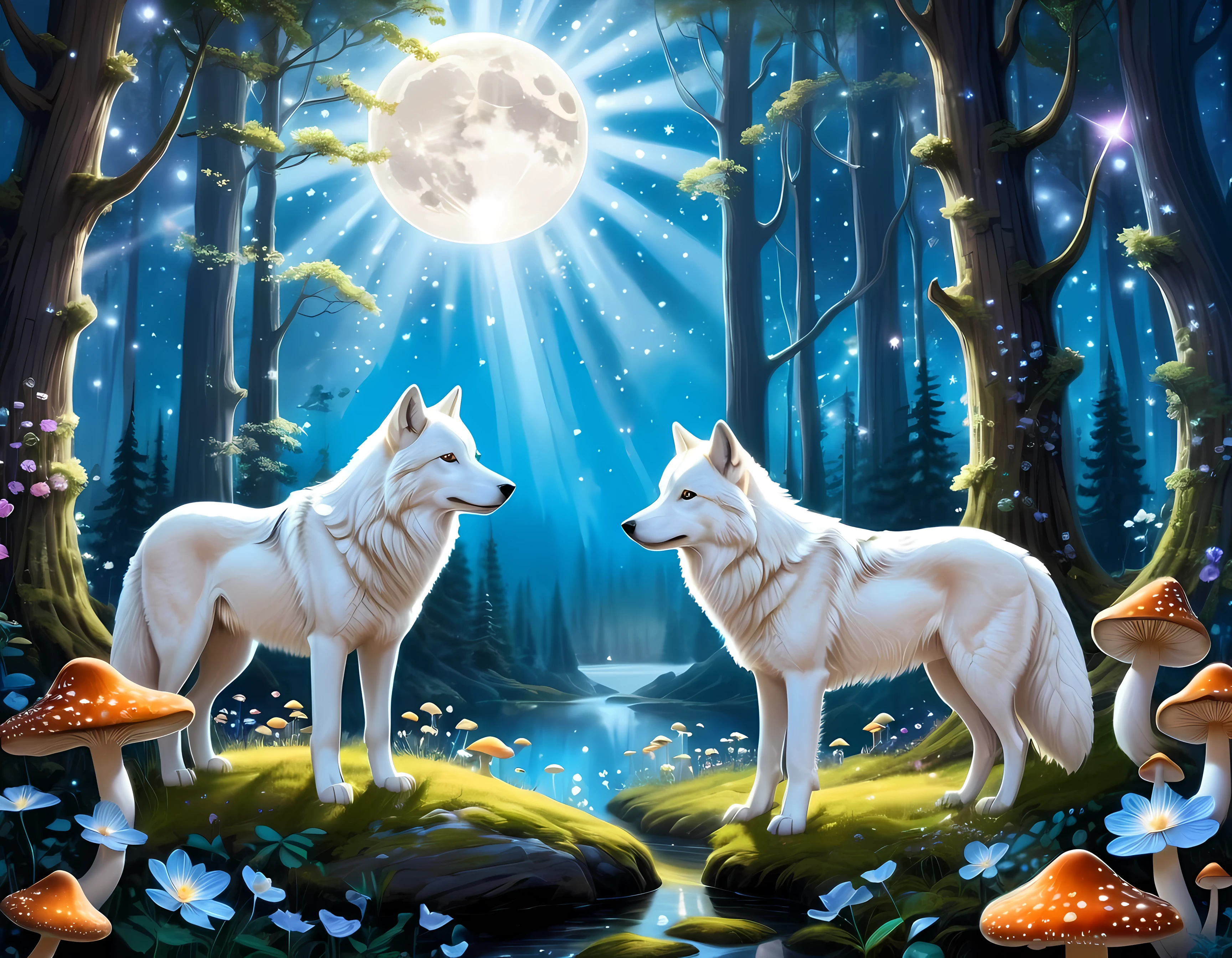 Epic cartoon drawing, a summer enchanted forest at starry night, the Tyndall Effect, (((moon rays))) filtering though a forest canopy, two adorable white wolves, ((glowing magical mushrooms and flowers)), soft fog, shimmering effect, masterpiece in maximum 16K resolution, superb quality. | ((More_Detail))
