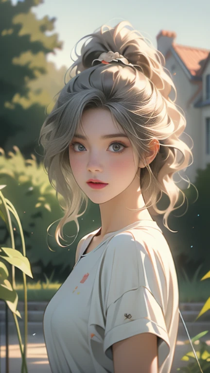 (best quality, 8k: 1.2), super detailed, realistic : 25 ans, fille sur la pelouse, nature, messy hair, cheveux courts, sky light and shadow images net bag