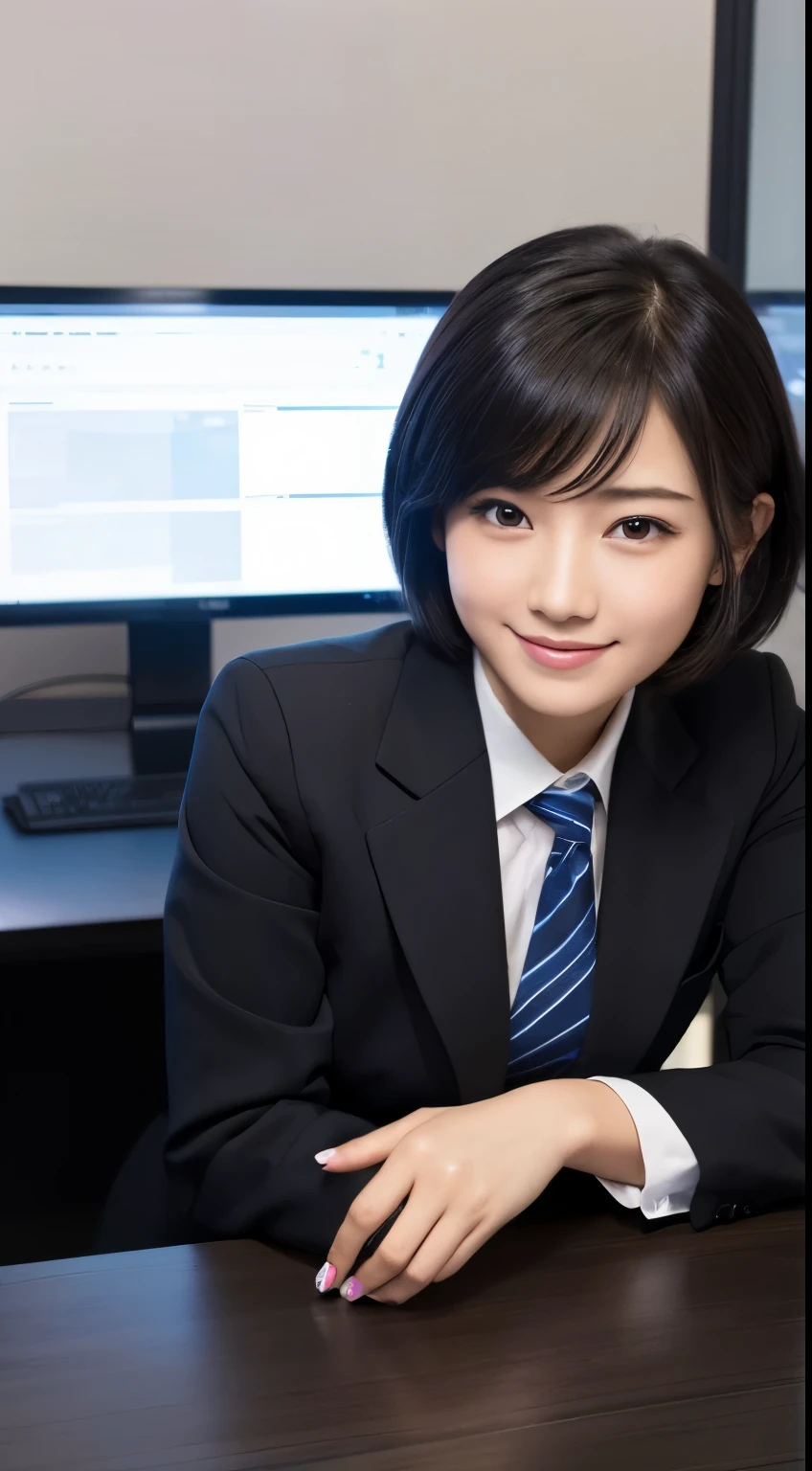 Best-quality, Masterpiece, Ultra-High-Resolution, (Photorealistic:1.4), Raw-Photo, at midnight, in office, 1girl, 15-years-old, the most famous Japanese idol, sitting on business-chair, innocent-smile, extremely cute face, extremely beautiful big-black-eyes, extremely beautiful black-short-cut-hair, wearing business-suit,
detailed office, detailed business-desk, detailed business-chair, detailed PC, detailed multi-monitor