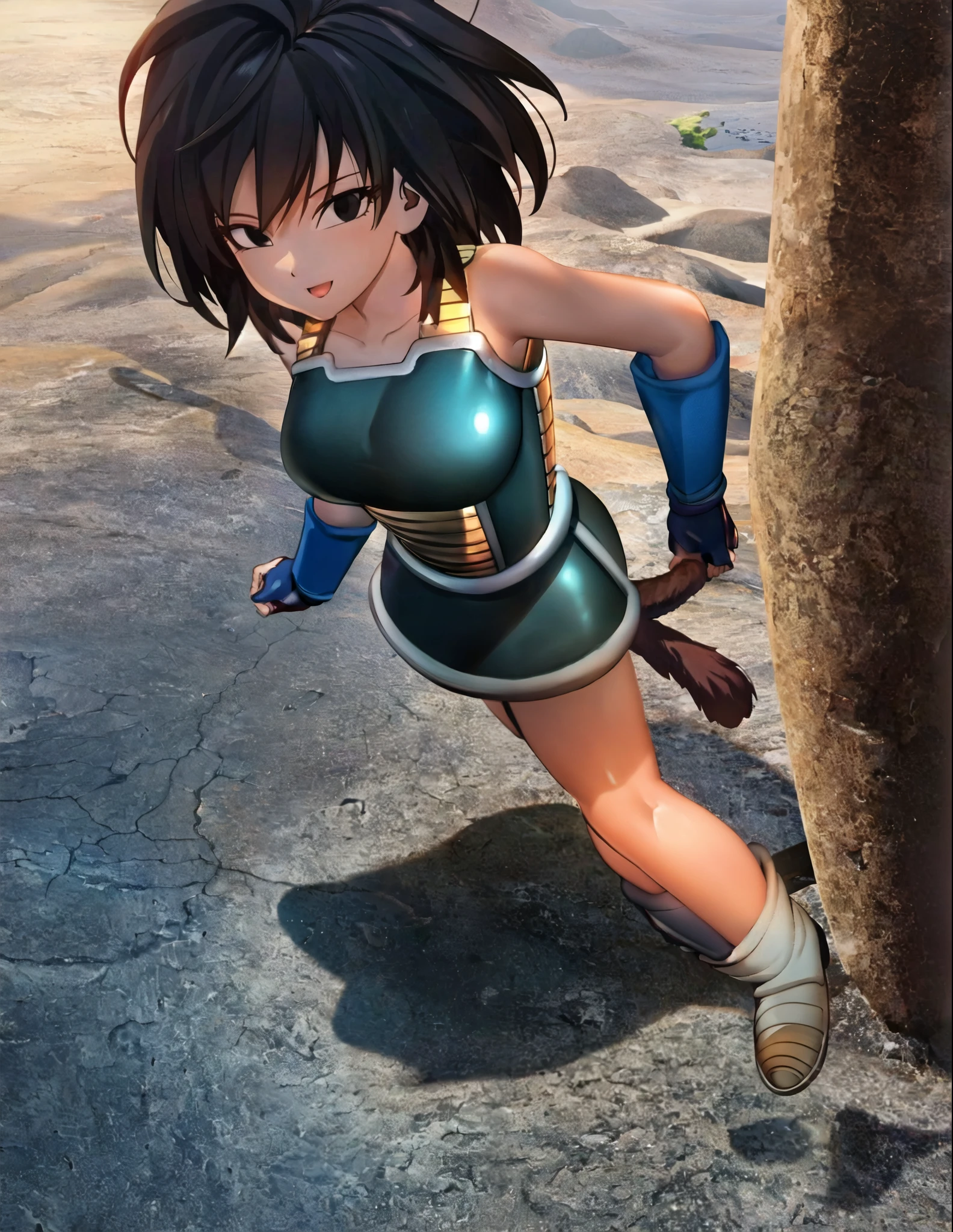 ((extremely detailed CG unity 4k wallpaper)),(masterpiece),(ultra quality),(ultra-detailed),(best illustration),(best shadow),(Extremely Detailed),(absurdres),(detailed background), Gine, 1girl, tail, solo, black hair, monkey tail, black eyes, saiyan armor, armor, smile, gloves, looking at viewer, bare shoulders