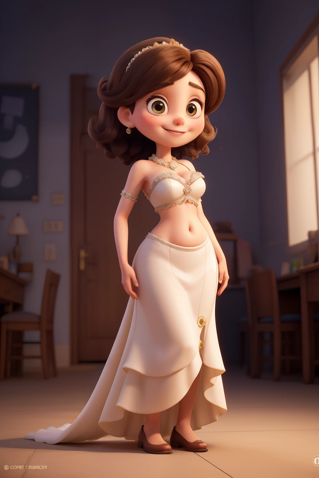 Cartoon comics, Lovely, Miss,Woman with big eyes, Smile,in the city,her hands behind her back......., whole body, split wedding dress , Show belly button,t-back,intense colors, Very valuable details, intricate details, Volumetric lighting, The art of math, 8k, Popular topics on Artstation, clear focus, intricate details, Very detailed, Greg Rutkoski big eyes, high resolution,beautiful hair,looking at the scene,ideal female figure
