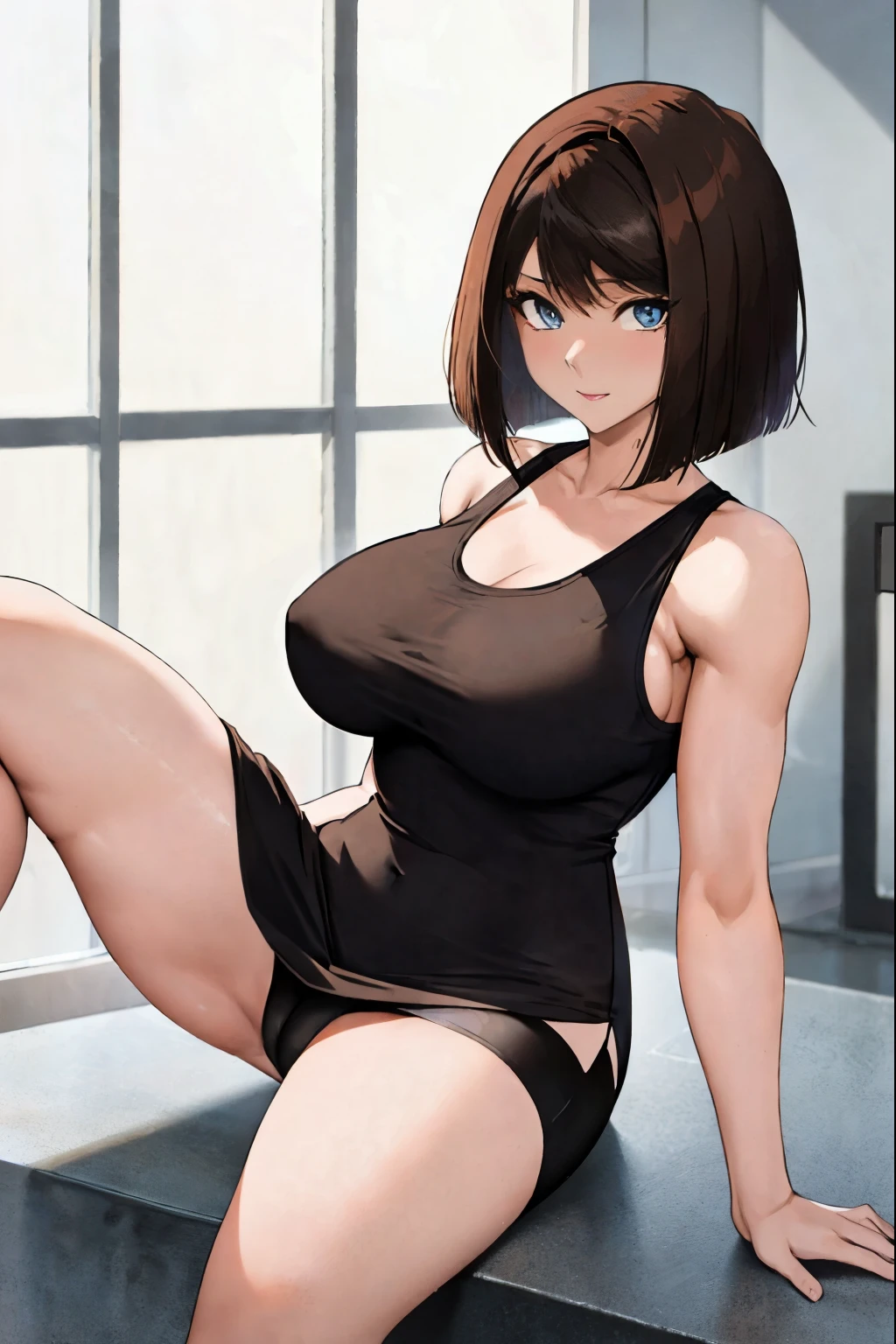 Close-up of a woman with short brown hair, blue eyed woman, bob cut, classic women, big breasts, had very large breasts, Made at Anime Painter Studio, Tits, clothing:black tank top, women romance, anime style, muscular woman, skin tight tank top, feminine and muscular, tall, high school girl, adult sex appeal, wore a tight skirt, anime dick!!!!, tanktop with an black, bare shoulders, bare arms,