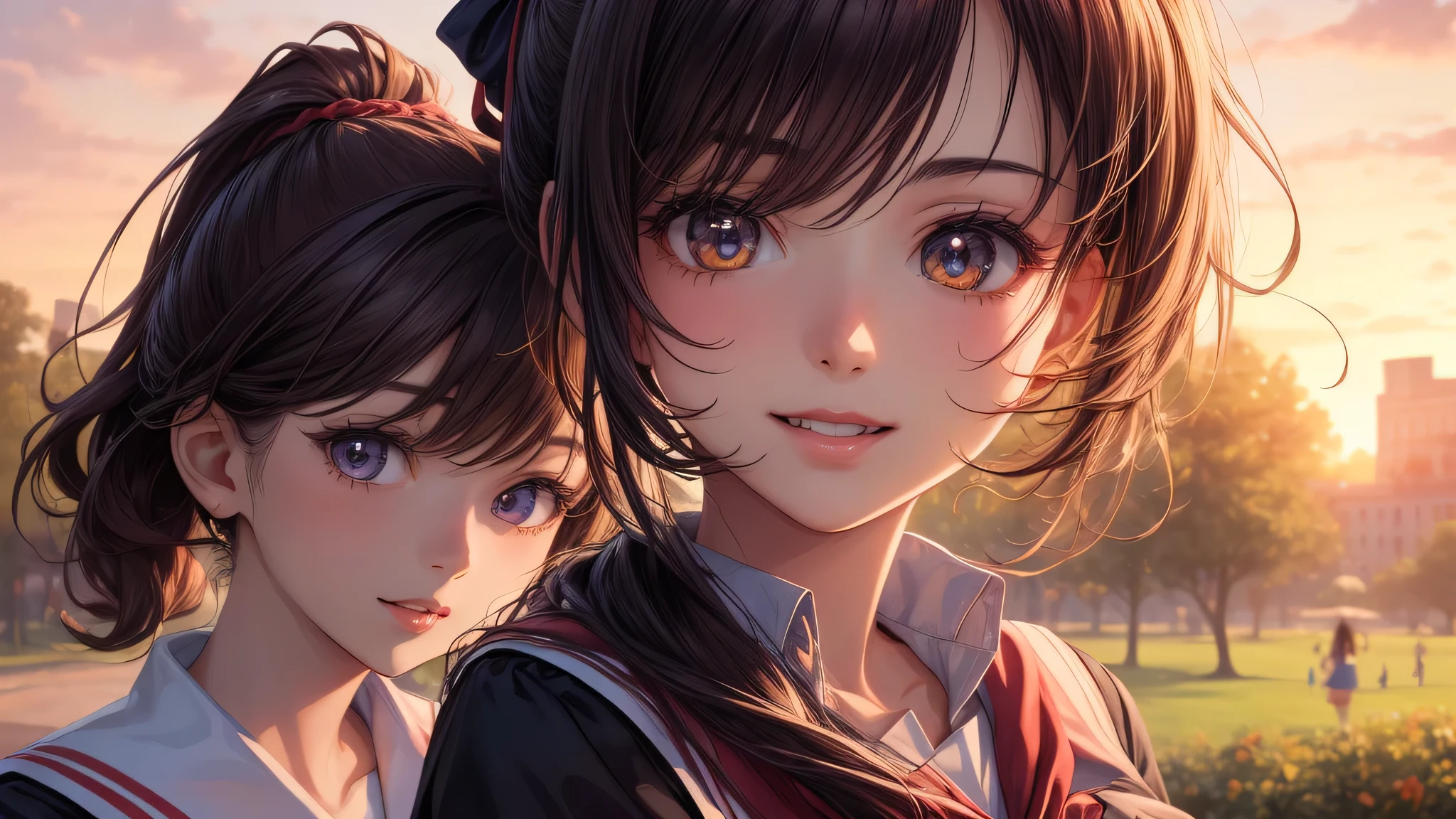 (2 girls:1.2), cute face, shining smile, (ponytail:1.2), (school uniform, mini skirt:1.2), (highest quality: 1.4), (Super detailed), (highest quality:1.4), (super detailed), (lush park), sunset, (anime illustration), very high resolution, (Upper body), close up face