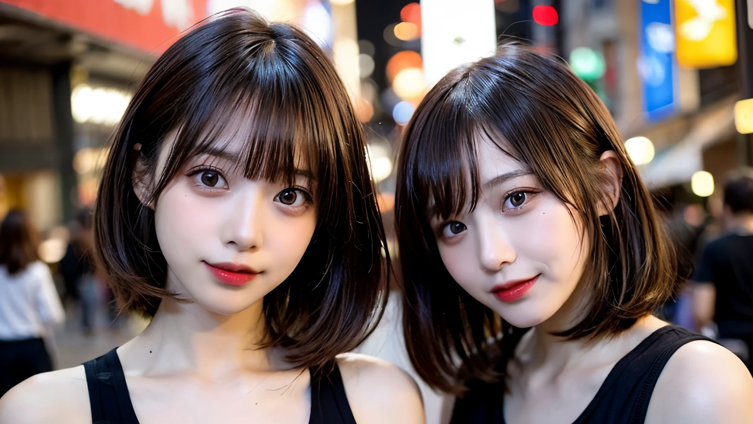 table top, highest quality, shape, Super detailed, finely, High resolution, 8k wallpaper, 完璧なダイナミックな構shape, head straight、don't tilt your head、finelyて美しい目, wearing a black tank top,Bust up composition、medium hair,natural color lip, smile,Harajuku、teenage girl、cute、looking at the camera、C cup、brown hair、Blurred night new york background