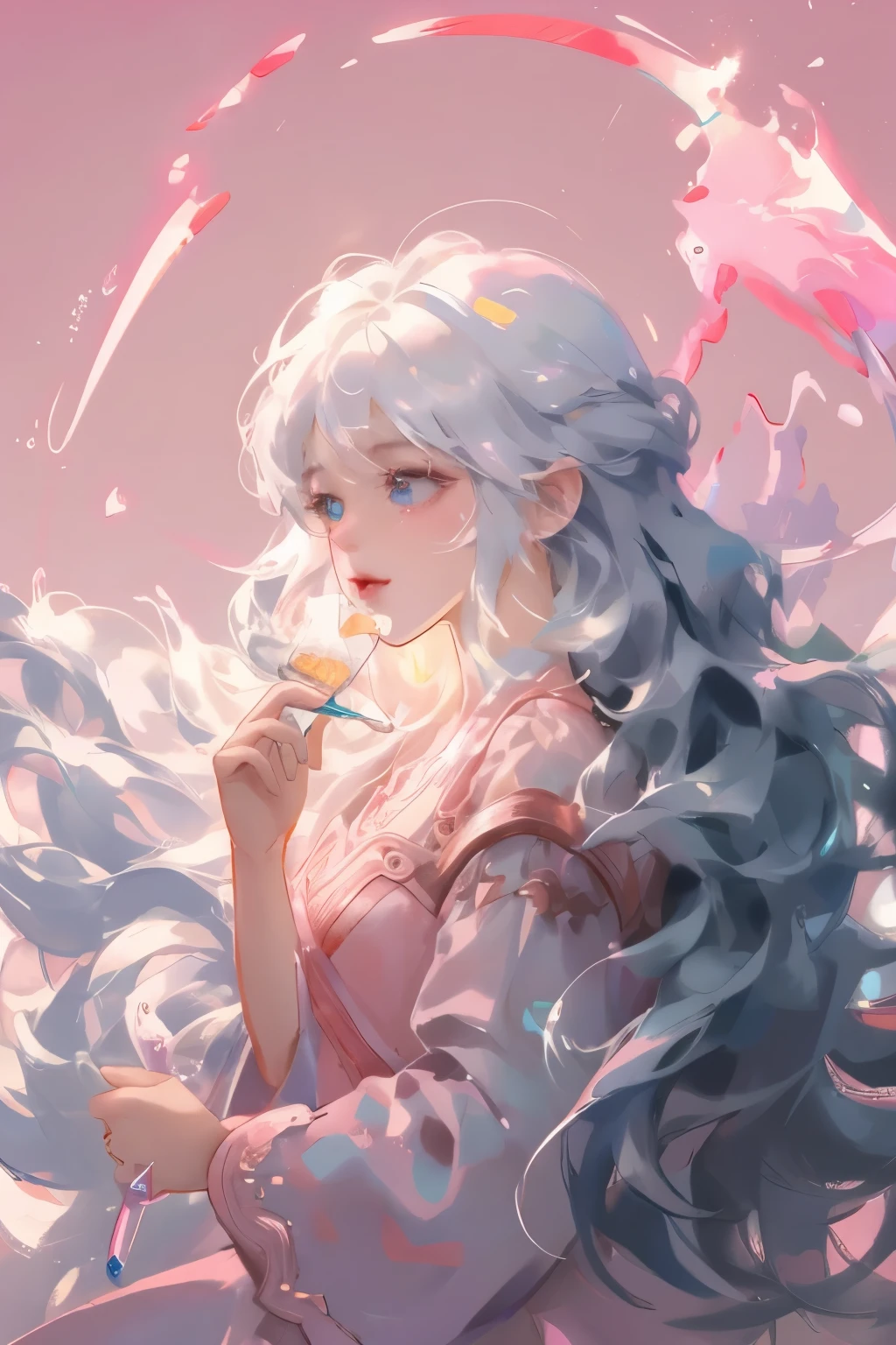 ((masterpiece)), highly detailed, best quality, 8k, (soft light), cinematic light, beautiful detailed eyes, 1girl, white hair, long hair, next to a bottle of perfume, elegant, cozy, clean detailed anime art, trending on artstartion, iridescent, opalescent, cream dripping on face, warmly lit, soap, (pink and white theme),
