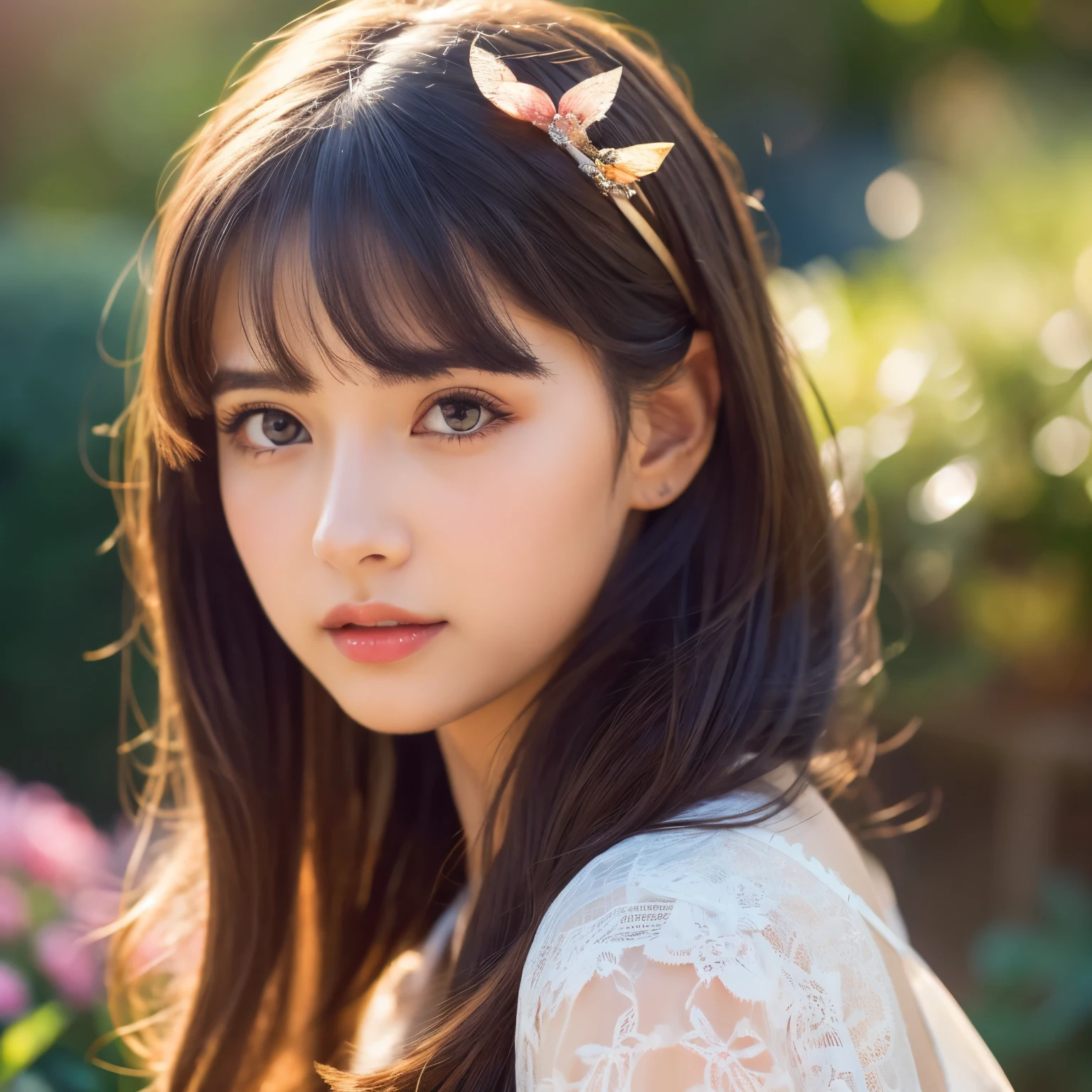 (best quality,ultra-detailed,highres,masterpiece:1.2),portraits,anime,beautiful detailed eyes,beautiful detailed lips,extremely detailed eyes and face,long eyelashes,lingerie,28yo girl,fit body,natural,soft skin,playful expression,youthful,artistic lighting,vivid colors,blurry background,fantasy scenery,anime-style artwork,shoujo manga,delicate lines,emotionally captivating,subtle color gradients,expressive characters,sparkling eyes,gentle breeze,pink hues,innocence,serene atmosphere,daydreaming,garden setting