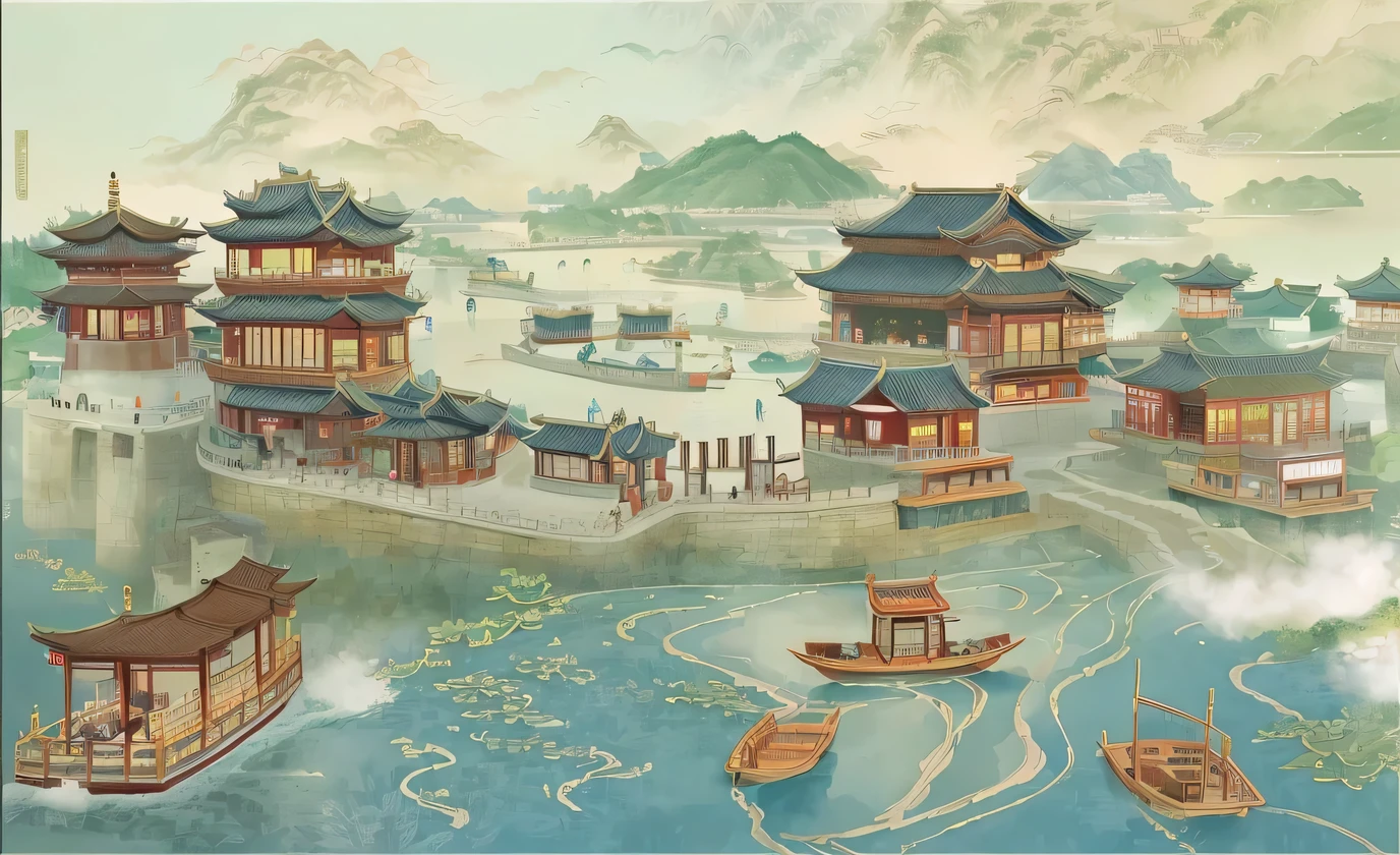 Illustration of Chinese village with bridge and boats, ancient chinese art style, Beautiful renderings of the Tang Dynasty, A beautiful artistic illustration, Dream China Town, Chinese style, Chinese painting style, Detailed Landscape - Width 672, Chinese watercolor style, landscape artwork, by Ren Renfa, Chinese traditional art, In line with ancient Chinese aesthetics, by Yan Hui,ships transporting tea,More tea elements