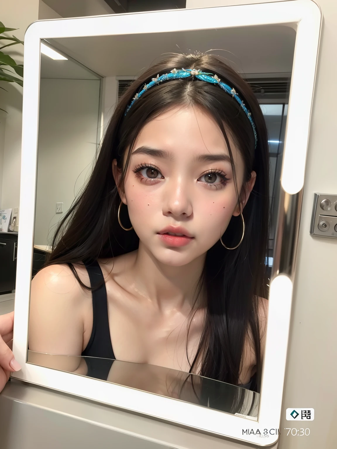 hay una mujer que mira su reflejo en un espejo, rostro perfectamente iluminado, hermoso rostro estetico, Jennie rosa negra, pale, shiny skin, rasgos de la cara coreana, maquillaje popular de corea del sur, con cara redonda, maquillaje coreano popular, asian features, cara sexy con maquillaje completo, the face is very illuminated, 8k selfie photography, south east asian con cara redonda, perfect face model