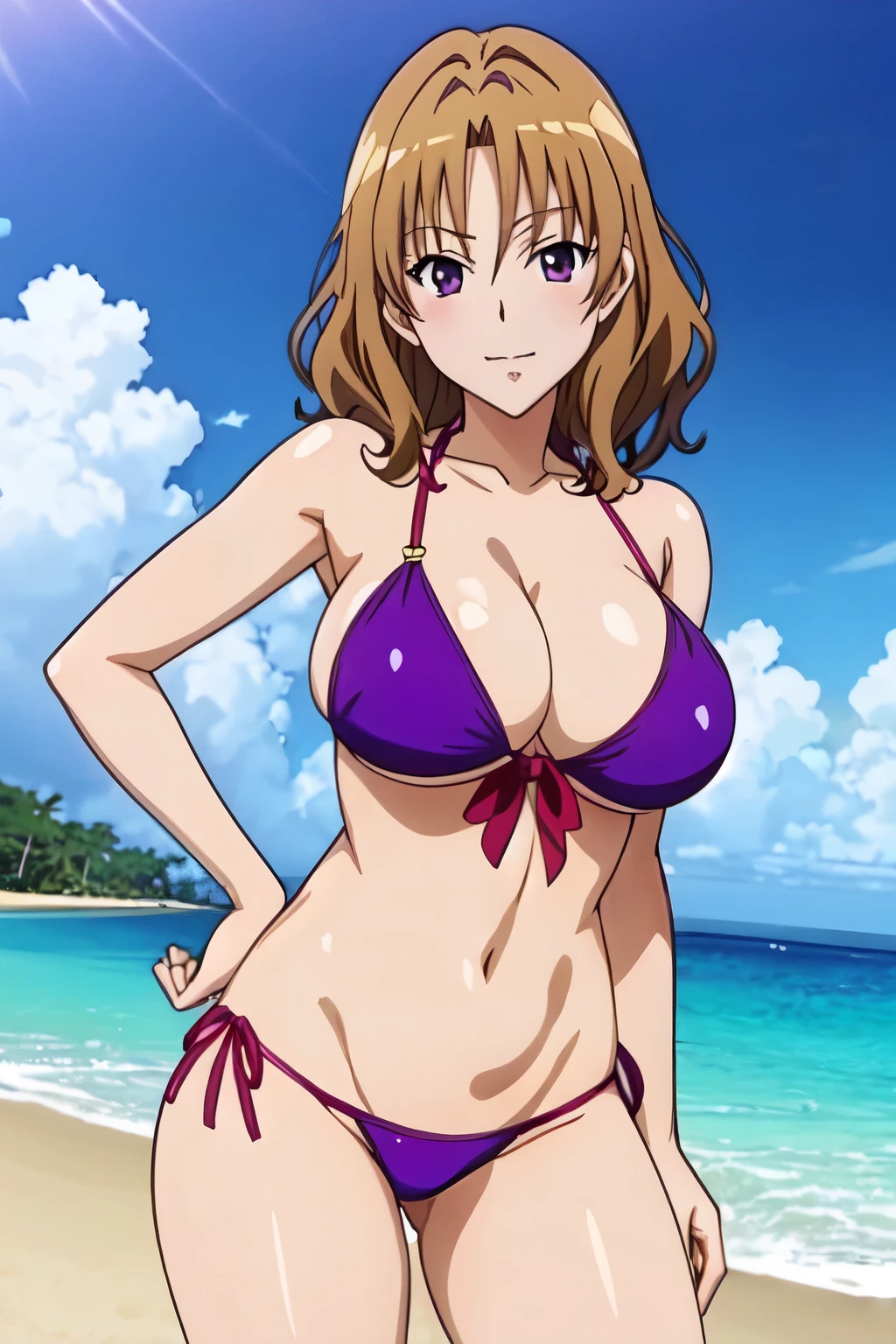 アニメの女の子 in a bikini posing on the beach、Woman with short brown hair、purple eyed woman、wavy hair、realistic bikini、seductive anime woman、swimsuit、美しいanime woman、4K style、is wearing a swimsuit、attractive anime girl、on the beach、highly detailed art germ, tall woman、sexy atmosphere、big breasts、woman with very large breasts、tits、、anime moe art style、naughty anime style、digital anime art!!、female focus、Smooth anime CG art、in a triangle bikini、美しいanime woman、cleavage、bikini with an purple top、bikini with an purple bottom、whole body、a woman is standing、 attractive anime woman、in a bikini、(anime woman、)、 anime best wo bikini、beautiful anime woman、Beautiful charming anime teen、