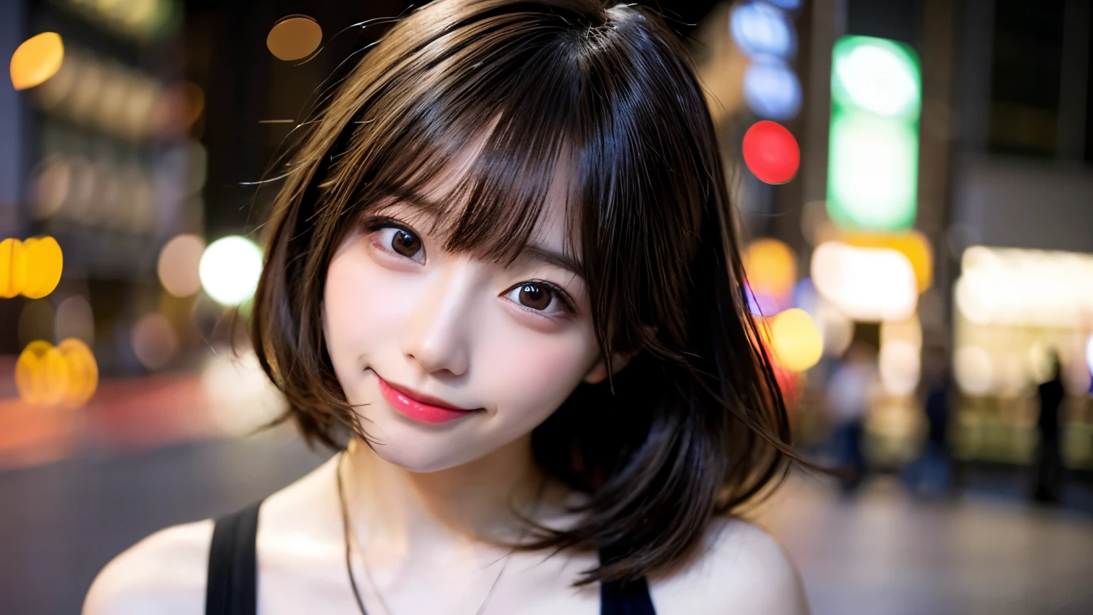 table top, highest quality, shape, Super detailed, finely, High resolution, 8k wallpaper, 完璧なダイナミックな構shape, head straight、don't tilt your head、finelyて美しい目, wearing a black tank top,Bust up composition、medium hair,natural color lip, smile,Harajuku、age girl、cute、looking at the camera、C cup、brown hair、Blurred night new york background