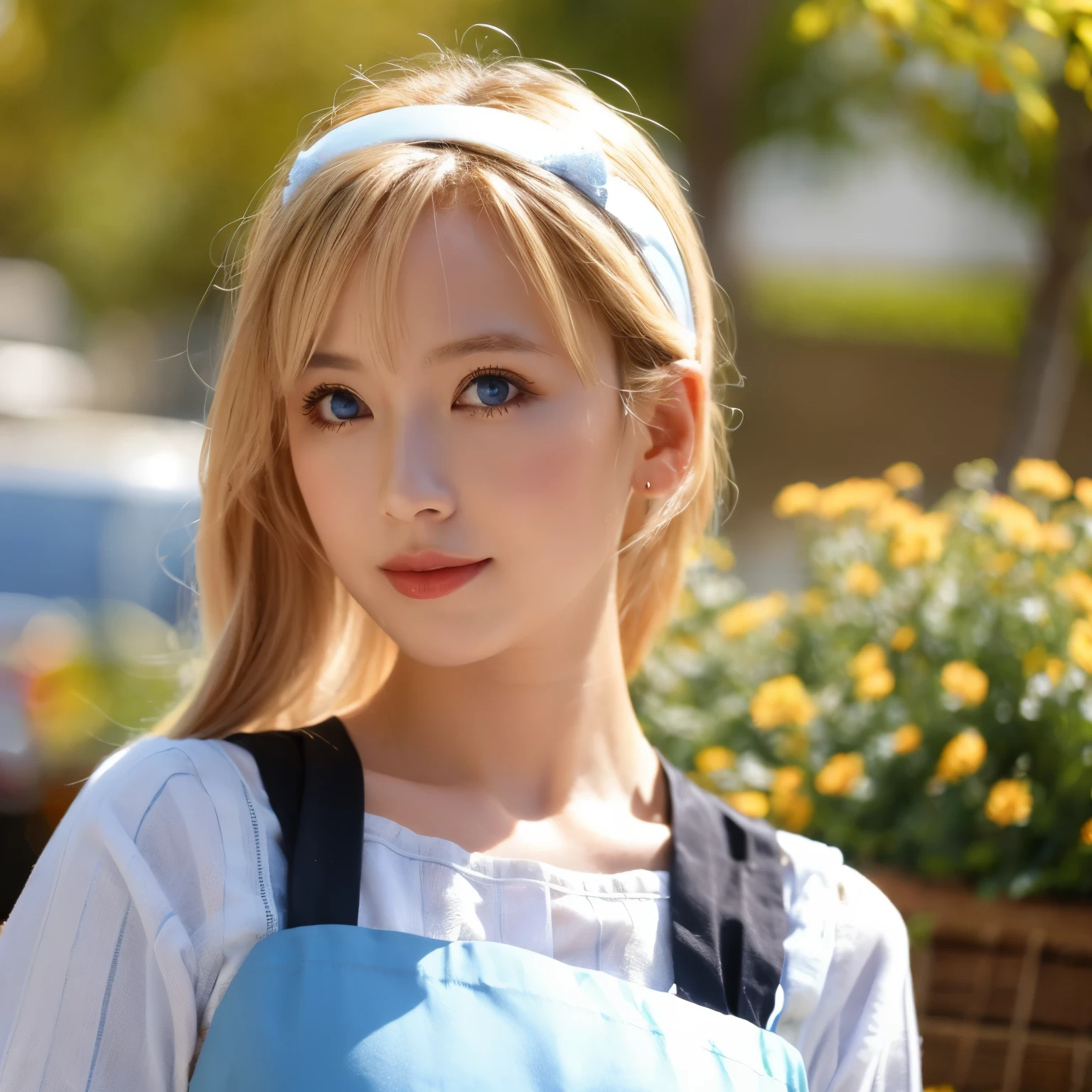 blonde,girl,light blue apron dress,Head headband,golden eyes,black tea
