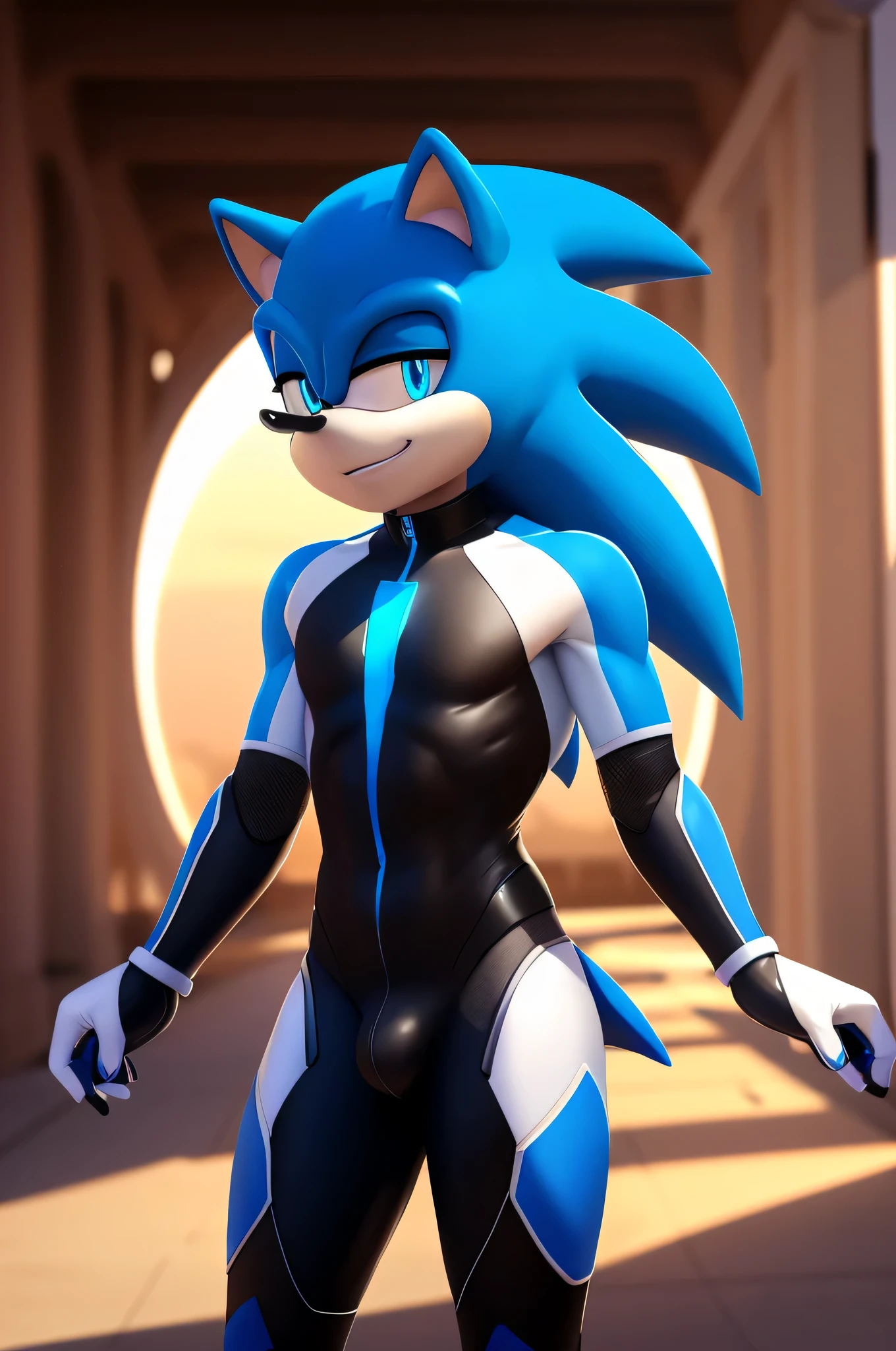 A solo male twink anthro android ((hedgehog)), with cyan fur, glowing blue eyes, white muzzle, wearing a sci-fi bodysuit stands in a futuristic landscape. The android's bodysuit has (((light blue, and white coloring))), medium bulge and intricate (((mechanical details))), creating a futuristic look. the android has a seductive smirk on his face