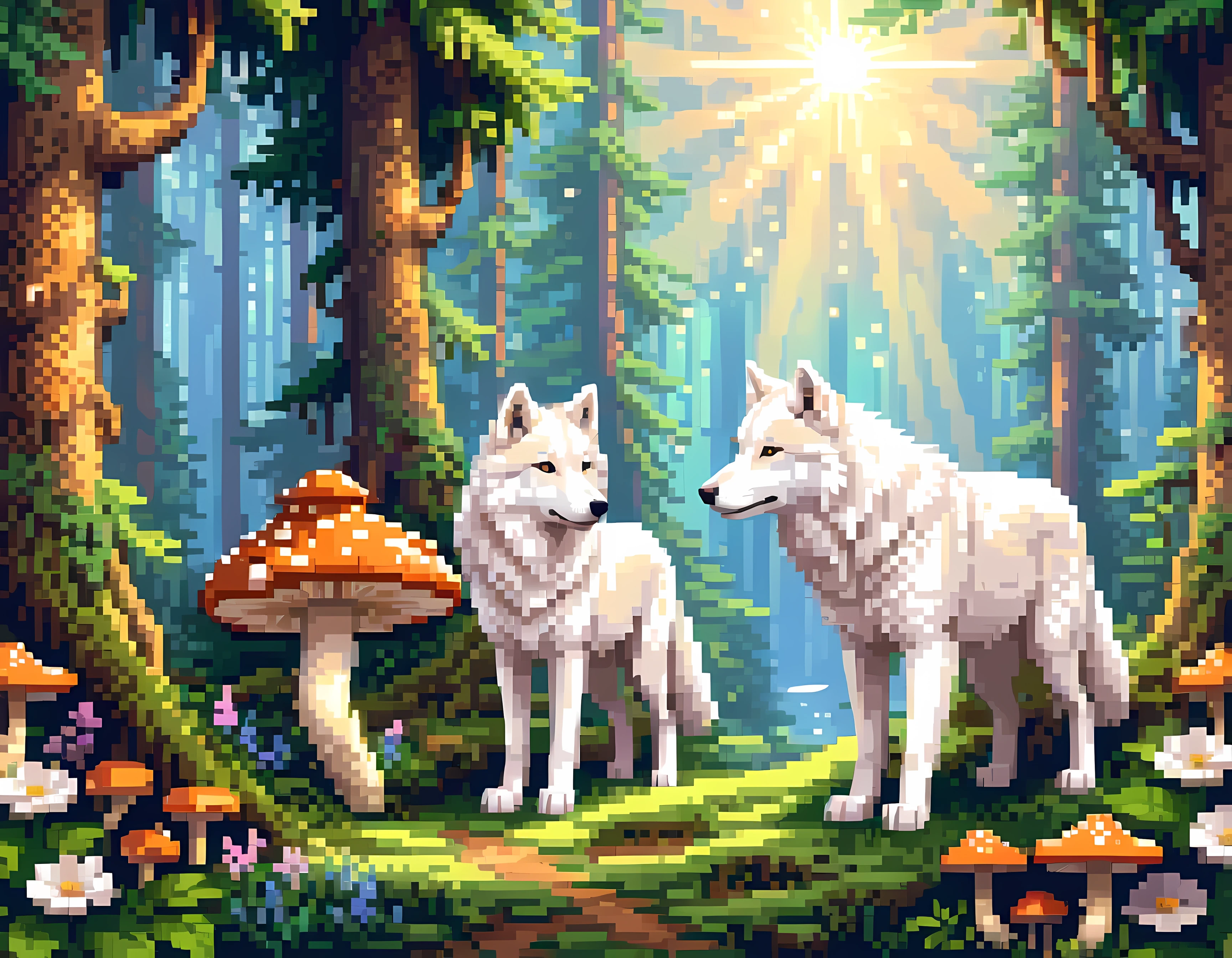 Pixel art, a summer enchanted forest at sunset, the Tyndall Effect, sun (rays) filtering though a forest canopy, two adorable white wolves, ((glowing magical mushrooms and flowers)), soft fog, ((epic)), shimmering effect, masterpiece in maximum 16K resolution, superb quality. | ((More_Detail))